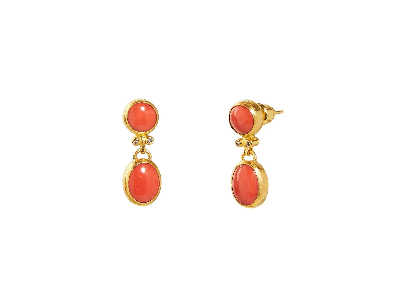 One-of-a-Kind Gold Drop Earrings, from the Rune Collection, Orange Oval Cabochon Coral and Diamonds 0.072ct 1 inch

“The unique quality of stones inspires my one of a kind creations. When I select a stone I usually have a vision of how I will build