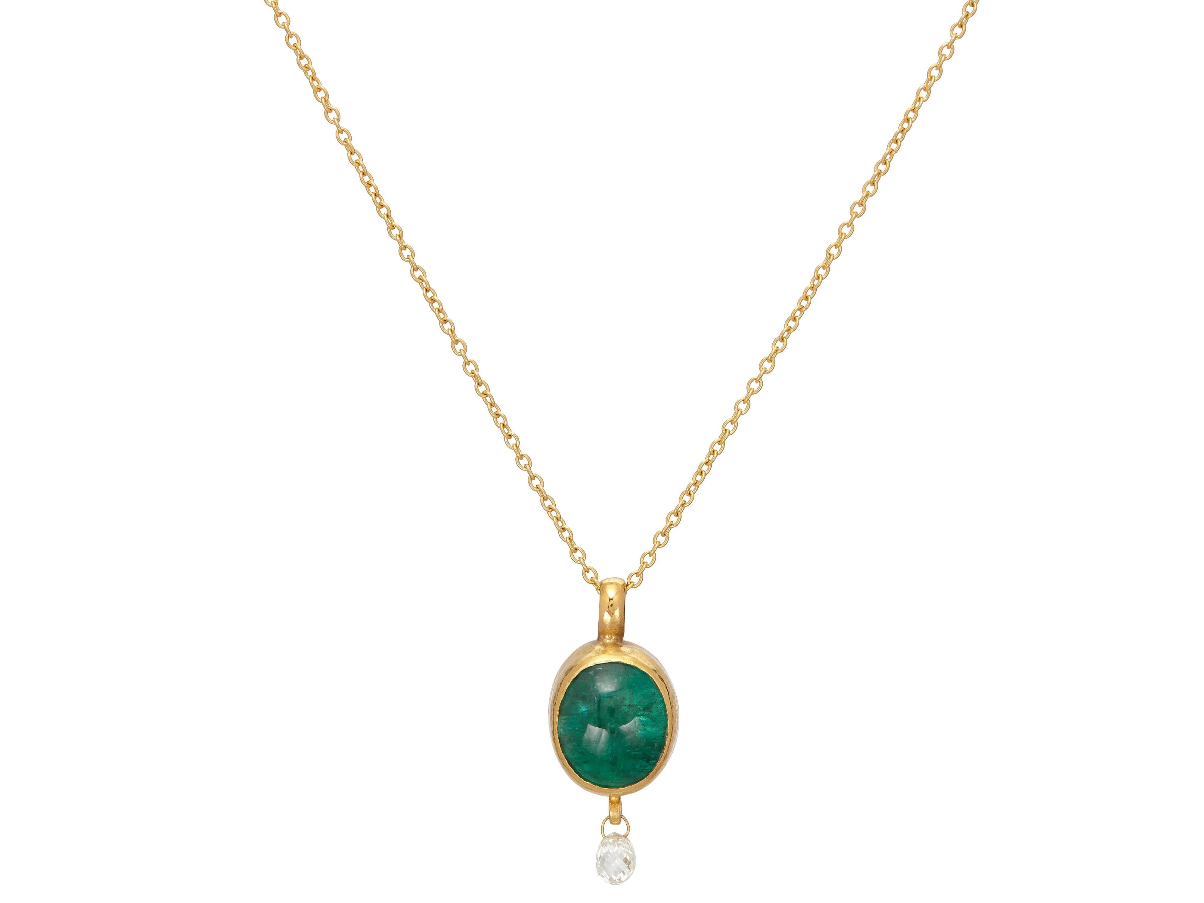 One-of-a-Kind Gold Pendant Necklace, from the Rune Collection, Green Oval Cabochon Emerald and Diamonds 0.35ct 24.5x10.5mm

“The unique quality of stones inspires my one of a kind creations. When I select a stone I usually have a vision of how I