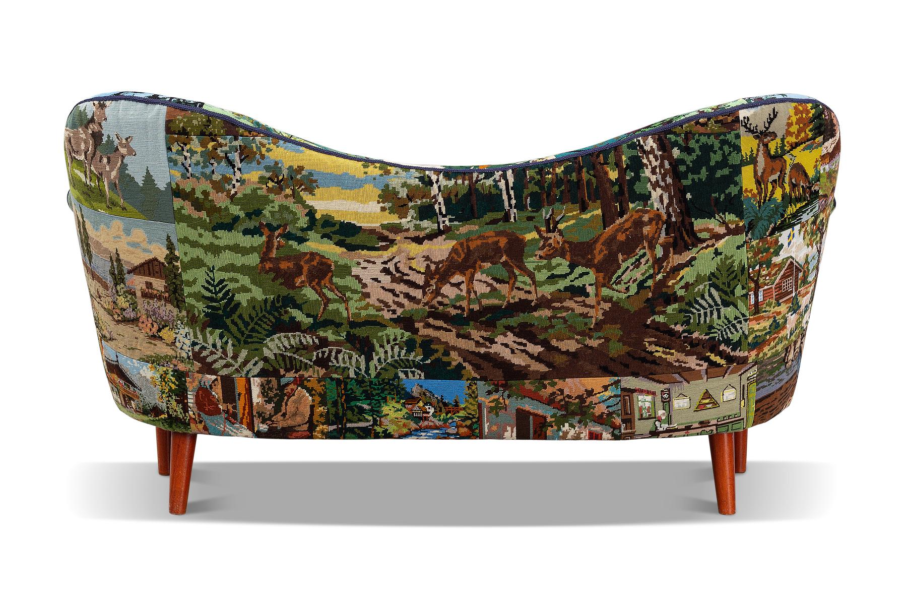 Mid-Century Modern Causeuse unique en son genre Samspel de Carl Malmsten en embriode recyclée en vente