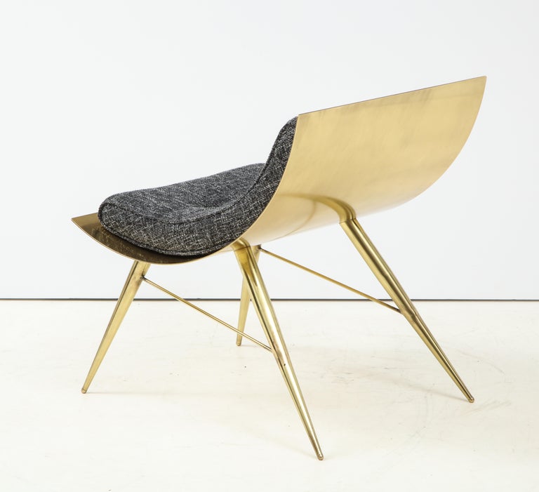 Sculptural Curved Back Solid Brass and Grey Tweed Fabric Accent Chair, Italy In New Condition For Sale In New York, NY