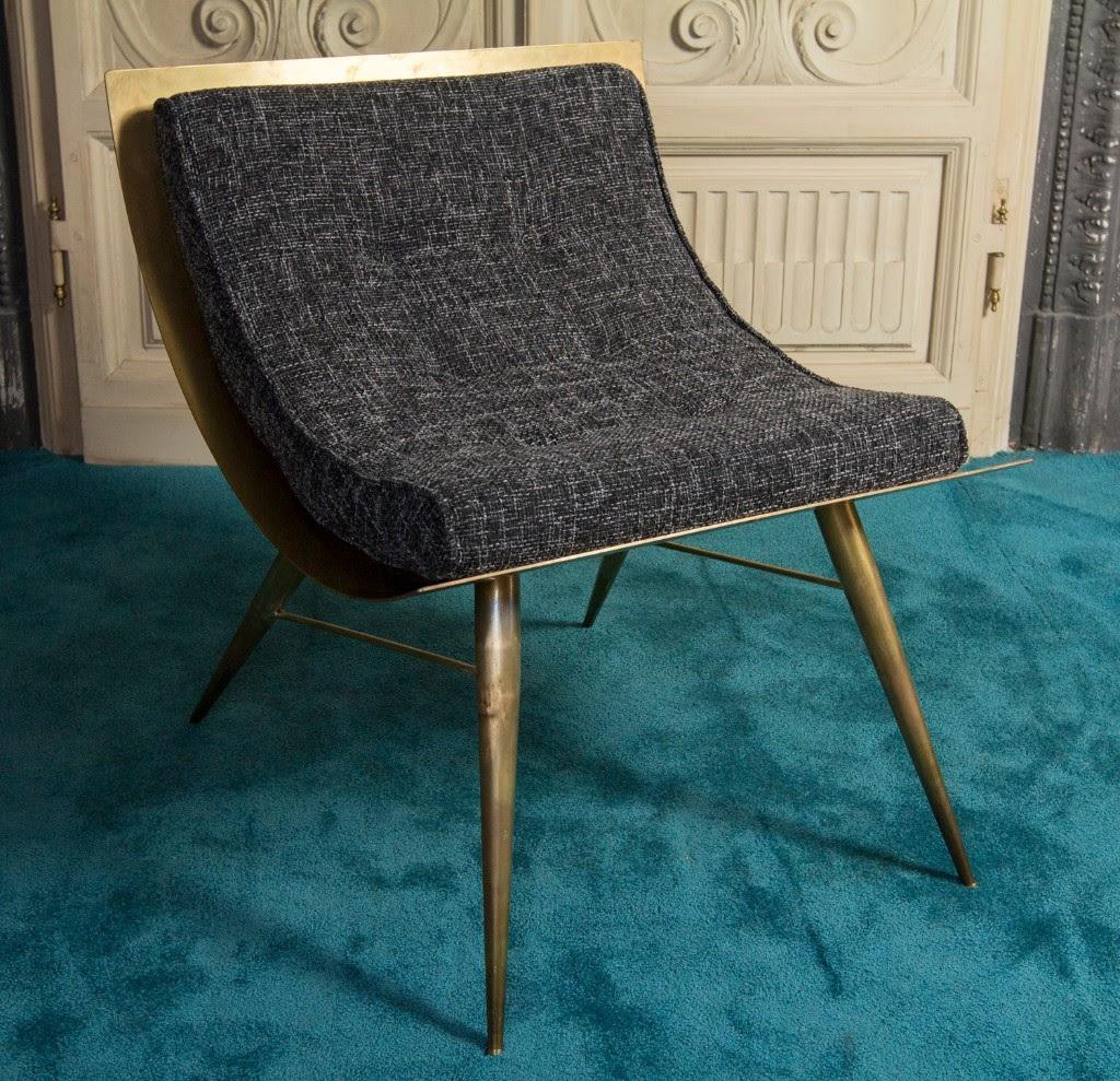 One of A Kind Sculptural Solid Brass and Grey Tweed Fabric Accent Chair, Italy For Sale 3