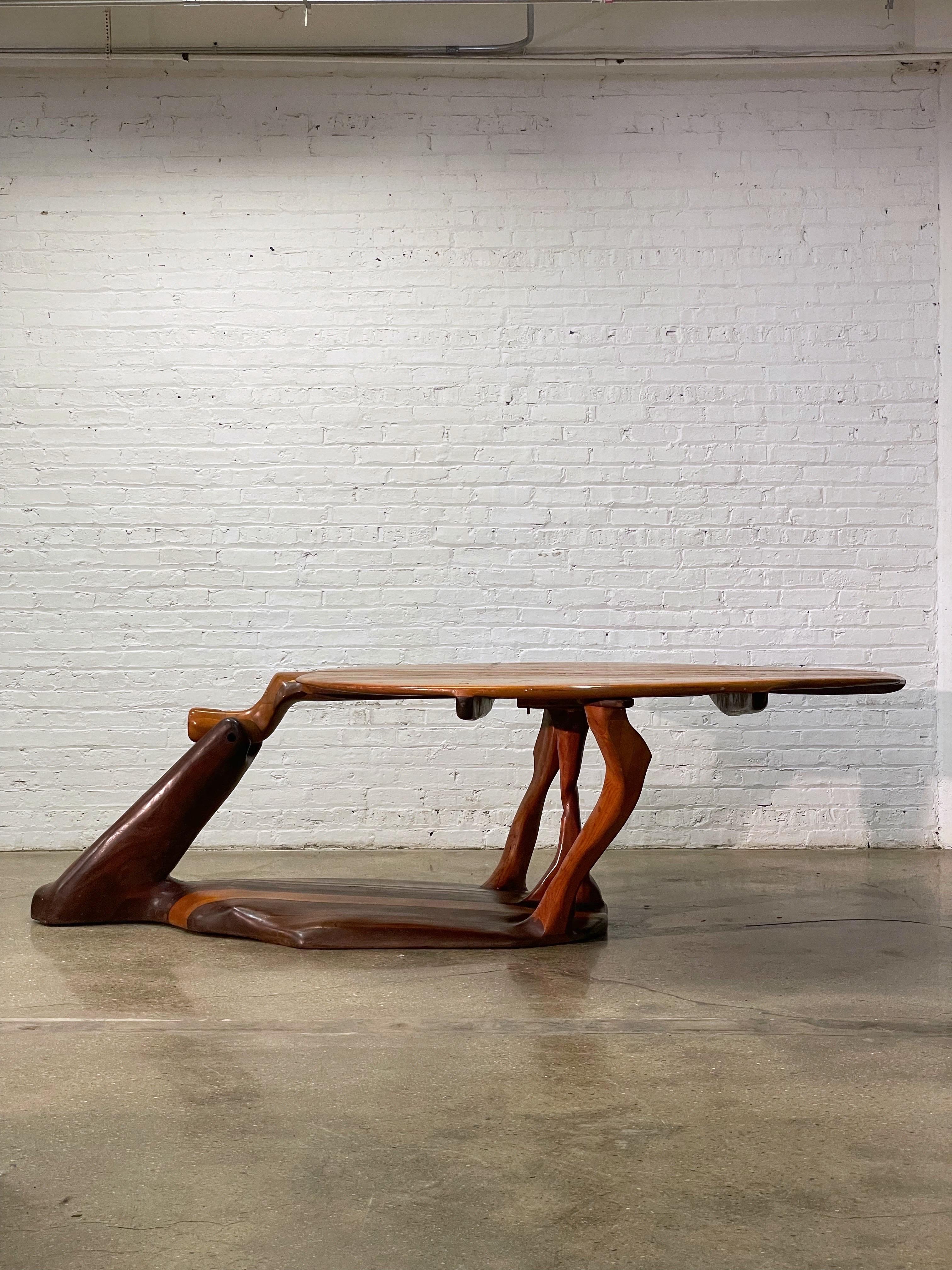 One of a kind sculptural studio craft dining table, c. 1970’s. Signed “Harr” and “Dead Bird.”

This one of a kind, custom built table is both a table and a work of art. It can comfortably seat up to six. 

Please feel free to reach out if you have