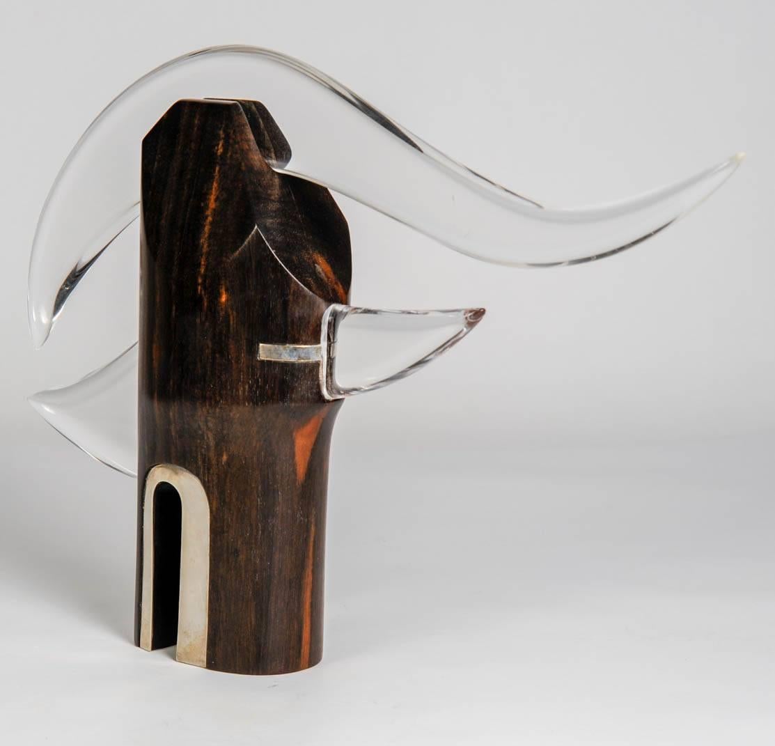 French One of a Kind Sculpture in Rosewood, Silver and Lucite by Alain Descombes For Sale