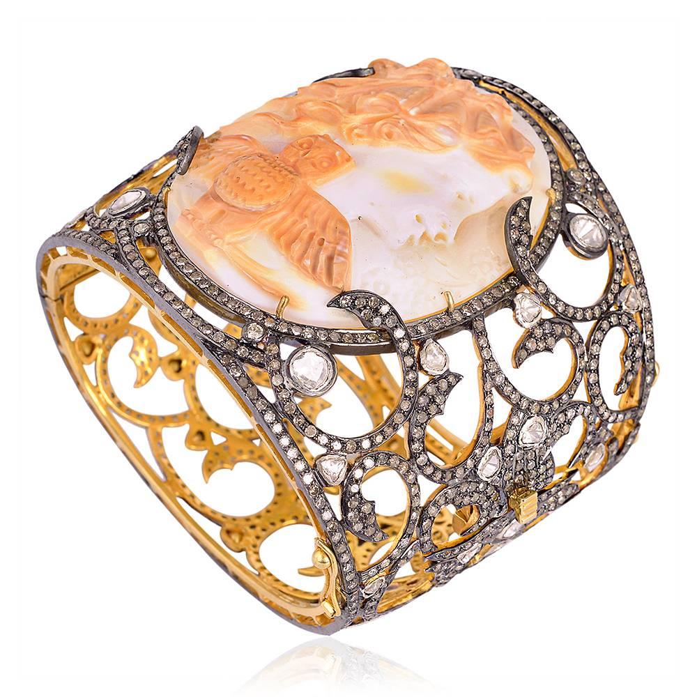 Art Nouveau One of a Kind Shell Cameo and Diamond Bangle Bracelet For Sale