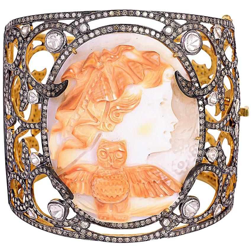 One of a Kind Shell Cameo and Diamond Bangle Bracelet For Sale