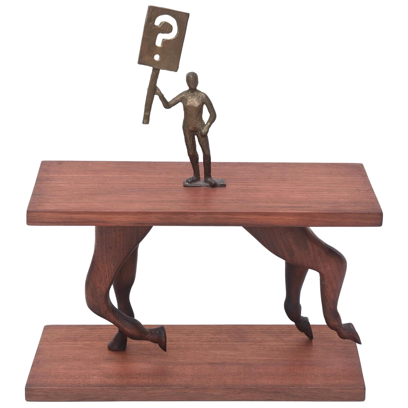 One of a Kind Signed Bronze on Wood Sculpture Titled "Ask a Question" For Sale