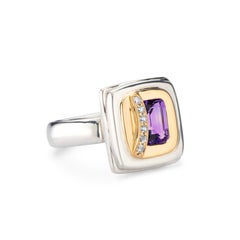 One of a Kind Silver & 18kt Gold Amethyst & Diamond Curve Ring