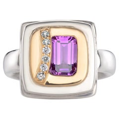 Einzigartiger geschwungener Ring aus Silber und 18 Karat Gold mit Amethyst und Diamanten