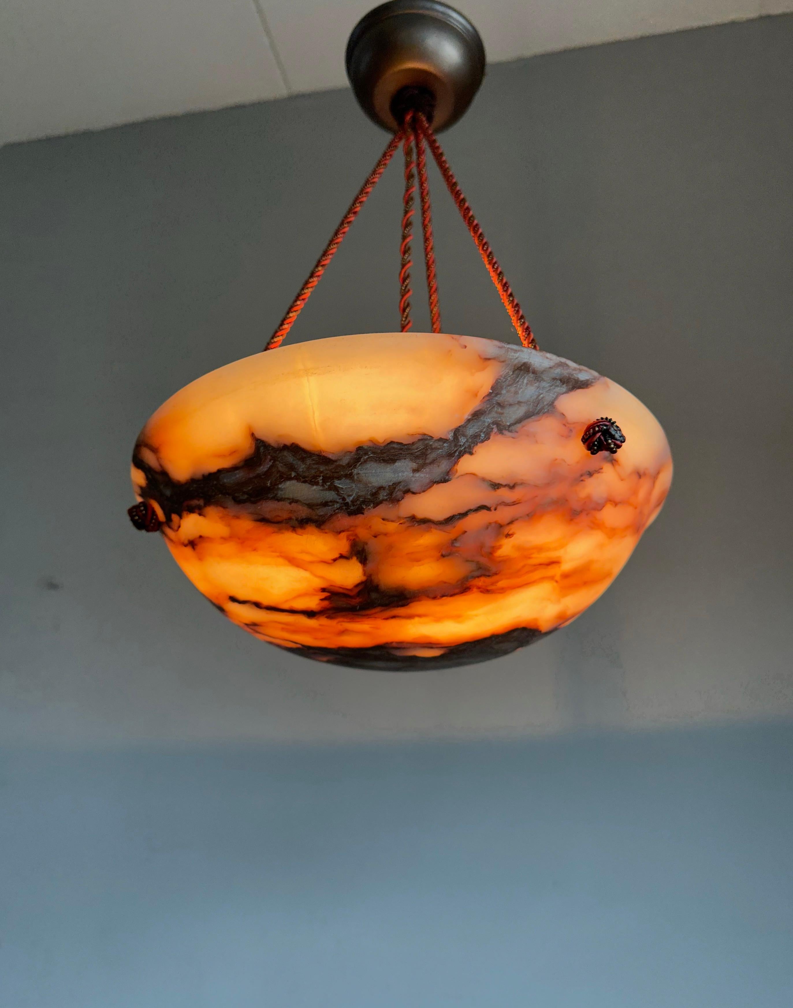 One of a Kind & Small Art Deco Alabaster Pendant Light with Unique Color Pattern For Sale 5