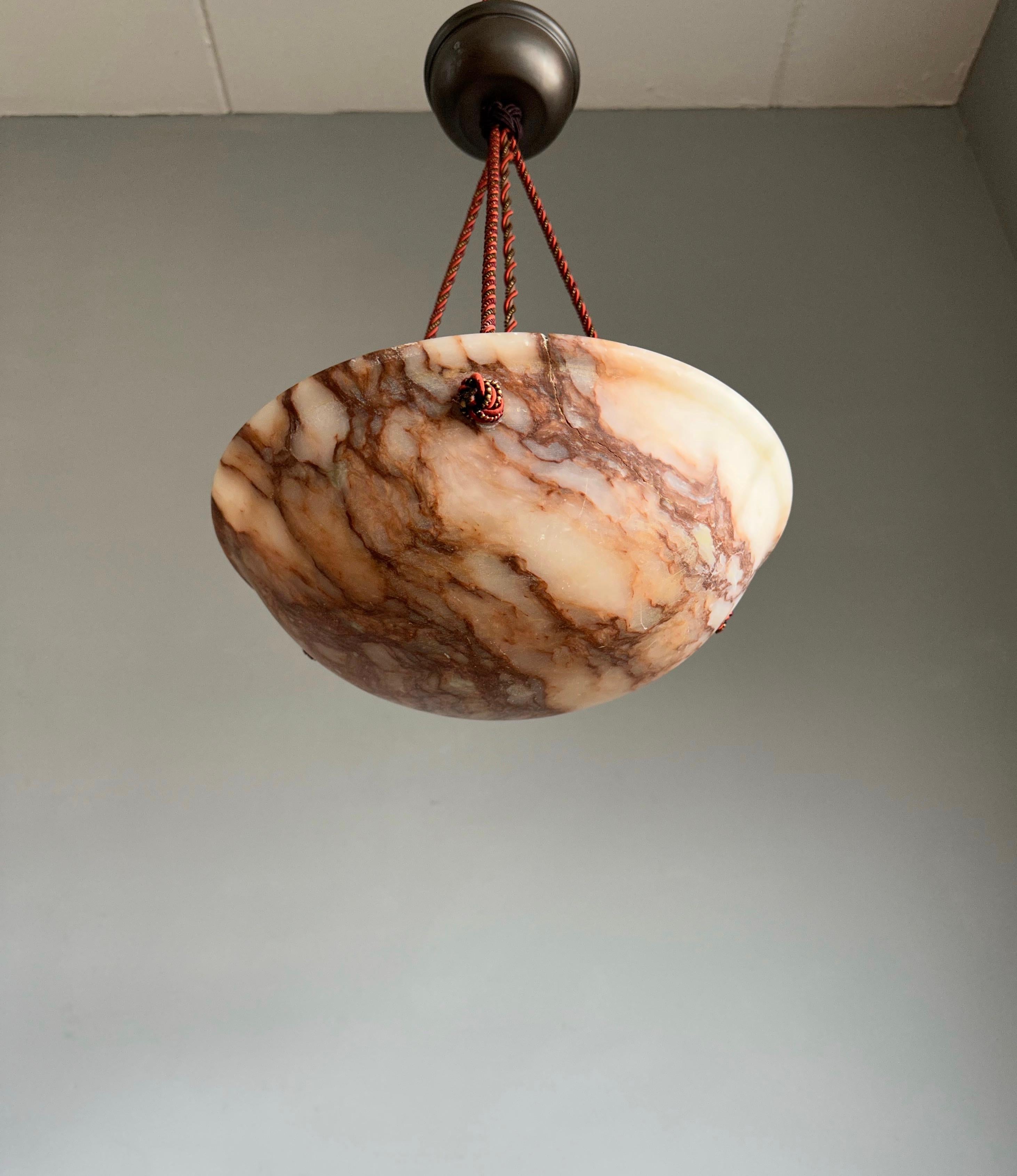 European One of a Kind & Small Art Deco Alabaster Pendant Light with Unique Color Pattern For Sale