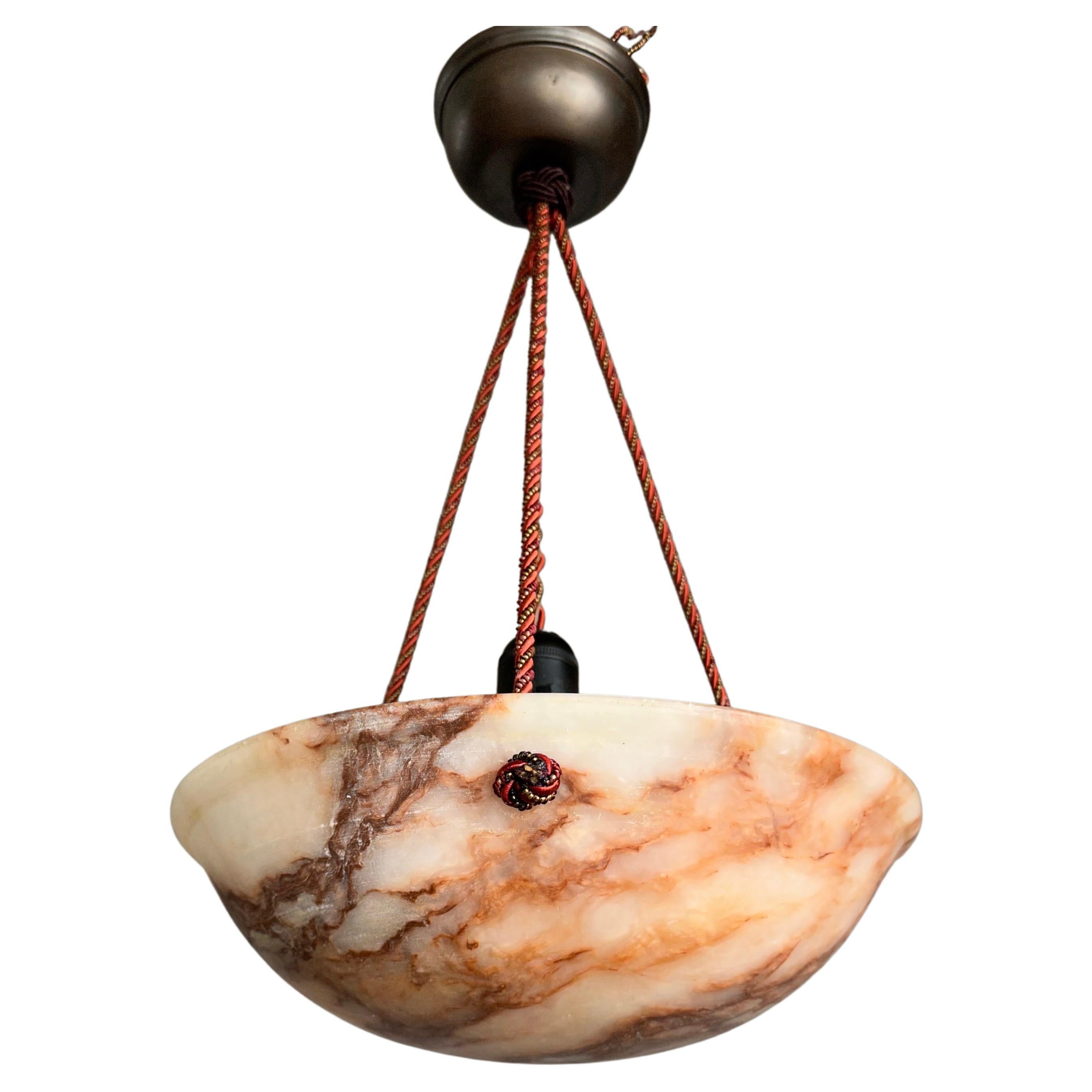 One of a Kind & Small Art Deco Alabaster Pendant Light with Unique Color Pattern For Sale