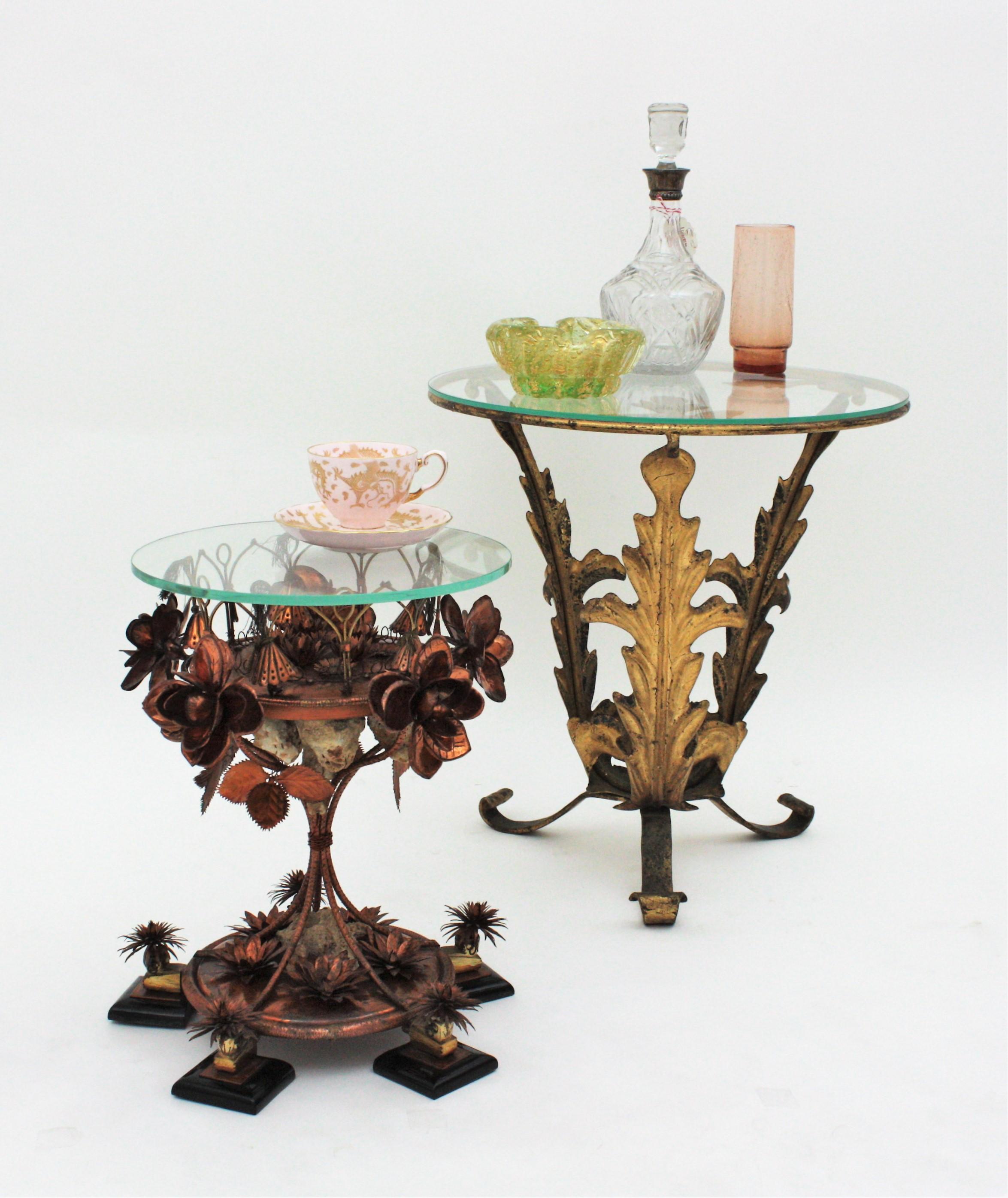 Spanish Foliage Floral Small Gueridon or Side Table in Copper For Sale