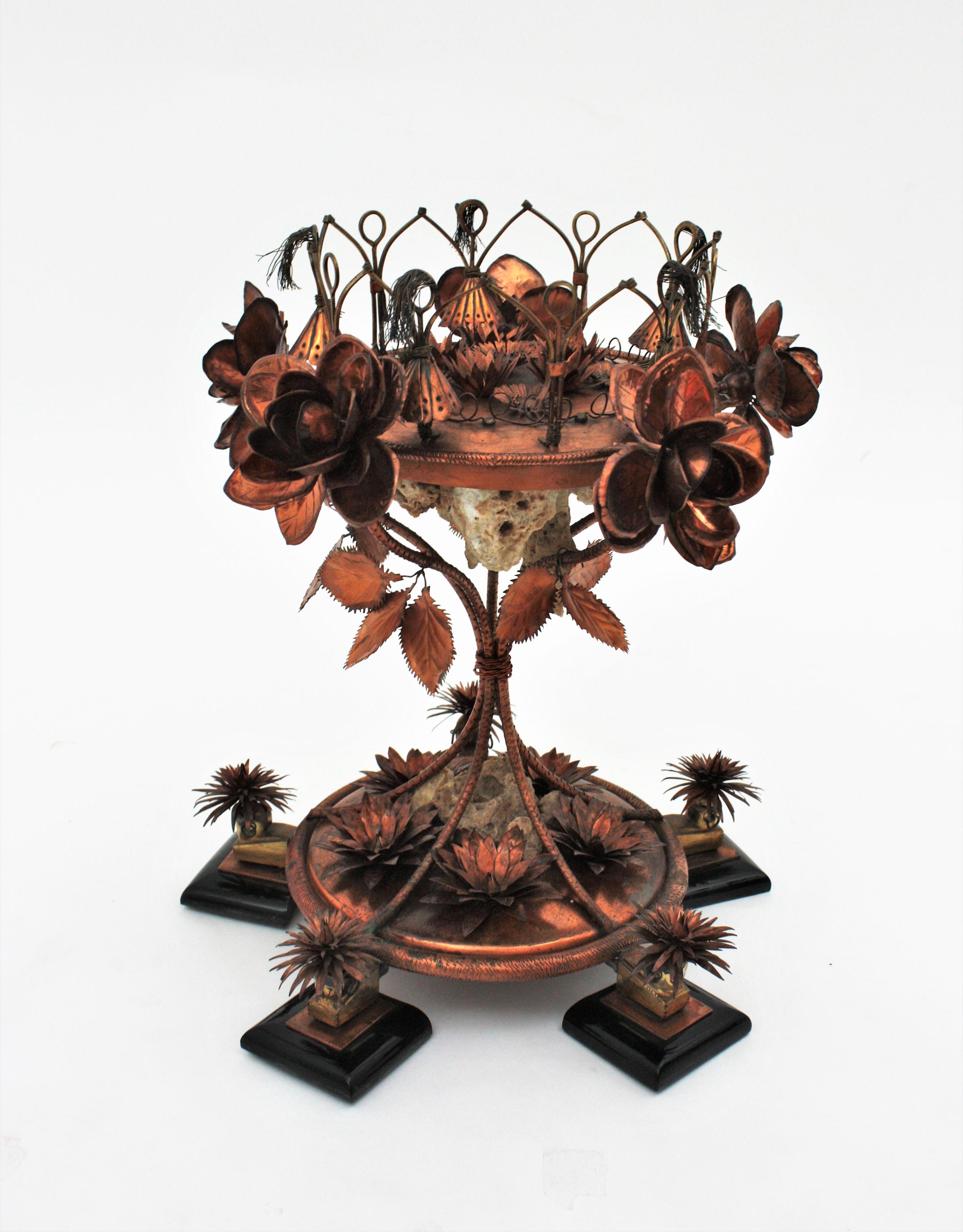 Hand-Crafted Foliage Floral Small Gueridon or Side Table in Copper For Sale