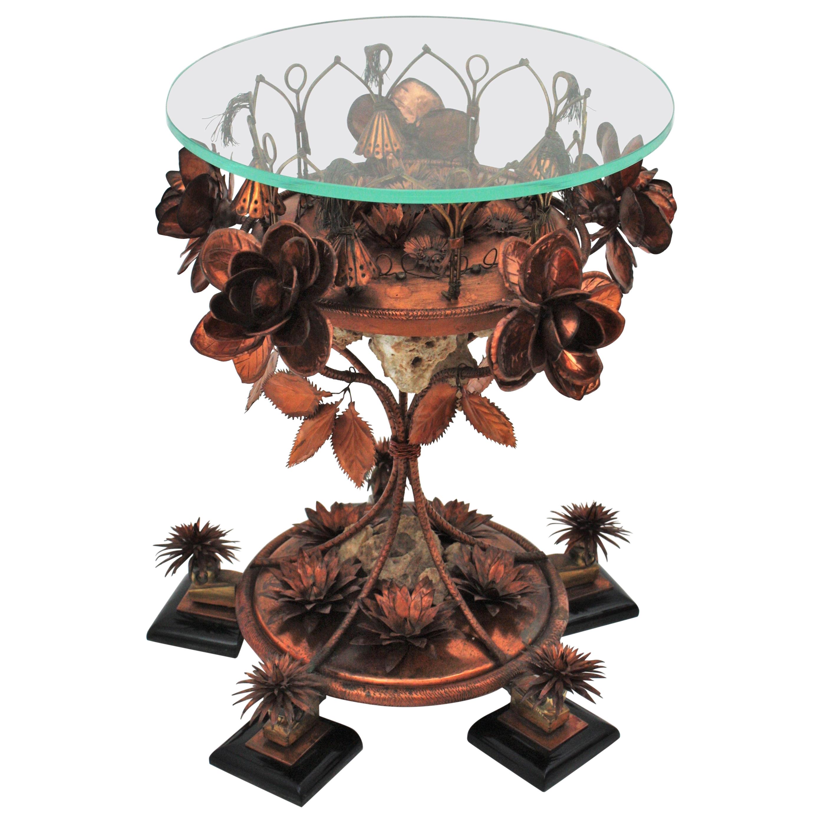 Foliage Floral Small Gueridon or Side Table in Copper, 1960s For Sale