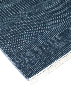 One of a Kind Solid Wool Viscose Blend Handmade Area Rug, Denim