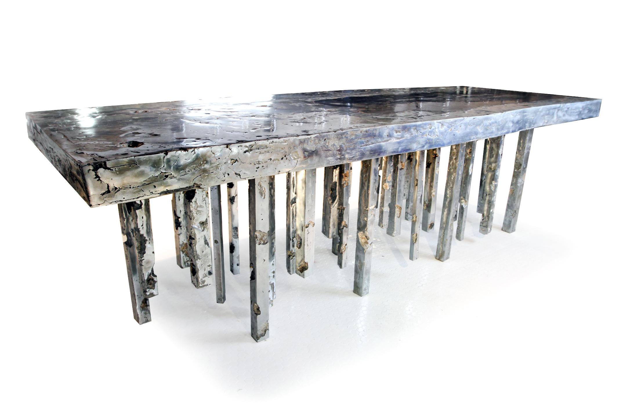 American One of a Kind Solid Zinc and Petrified Wood Waterfall Sculptural Dining Table 