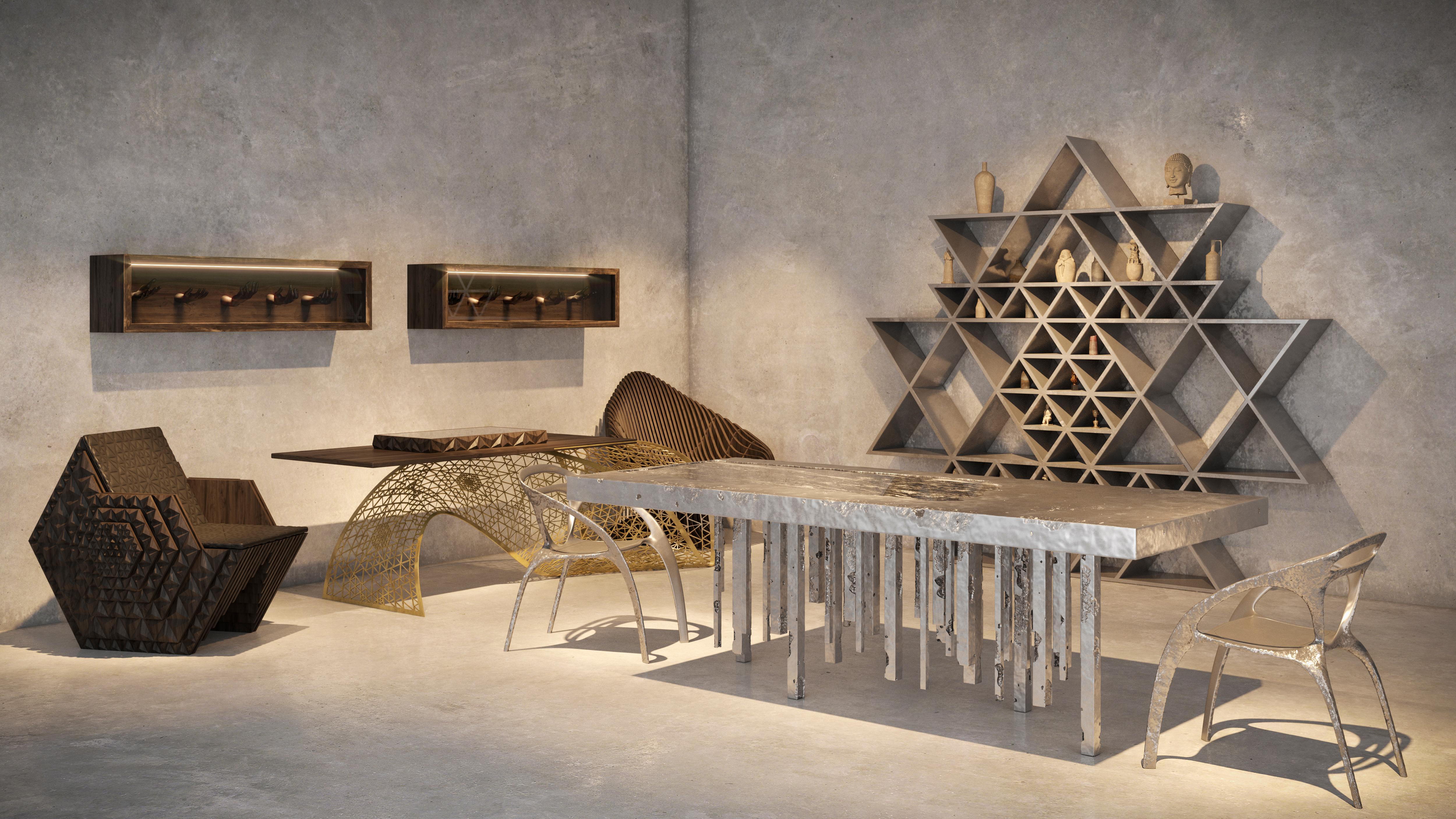 XXIe siècle et contemporain Table de salle à manger sculpturale unique en son genre en zinc massif et bois pétrifié en forme de cascade