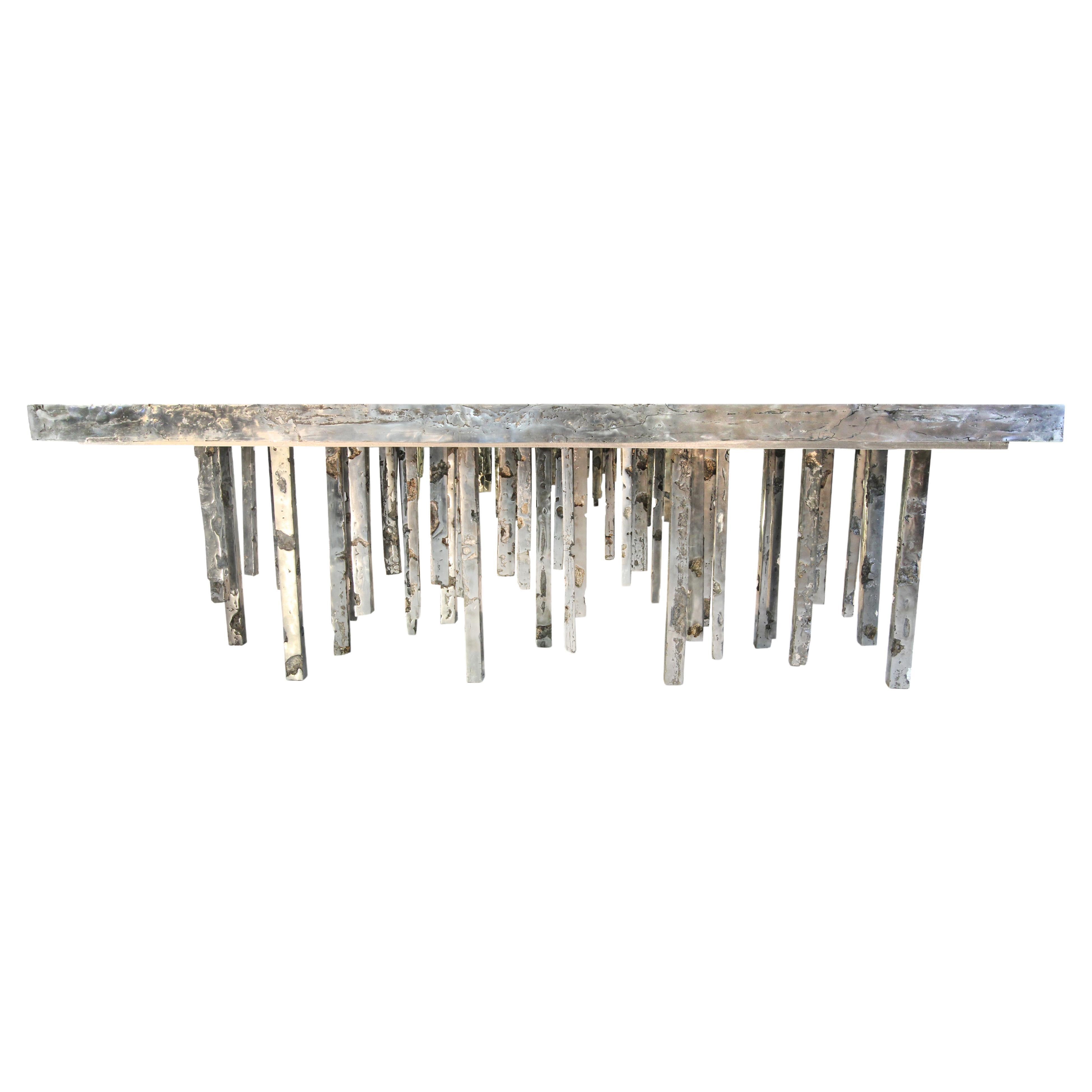 One of a Kind Solid Zinc and Petrified Wood Waterfall Sculptural Dining Table