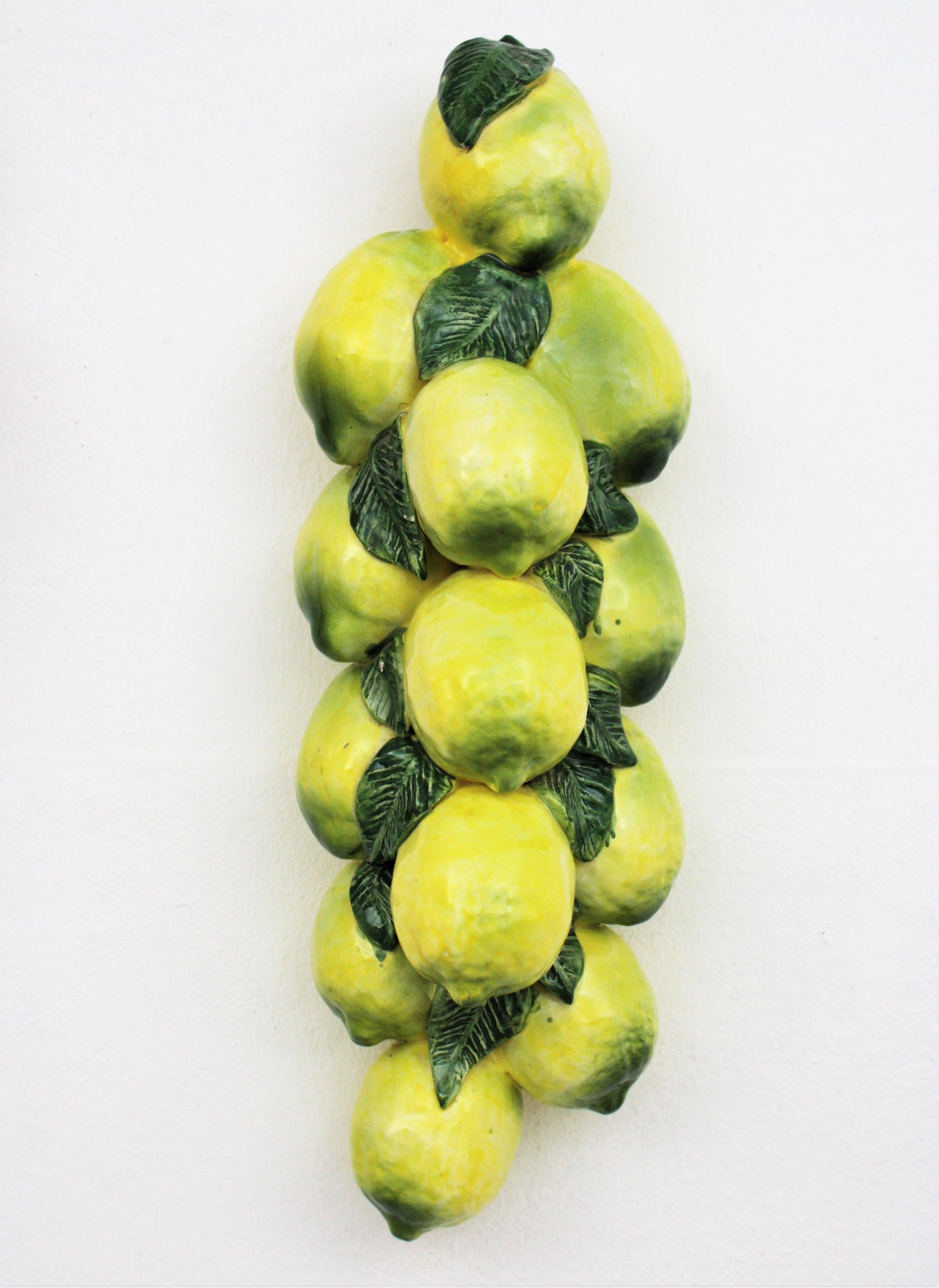 Glazed Unmatching Pair of Ceramic Wall Decorations, Lemons and Oranges Design