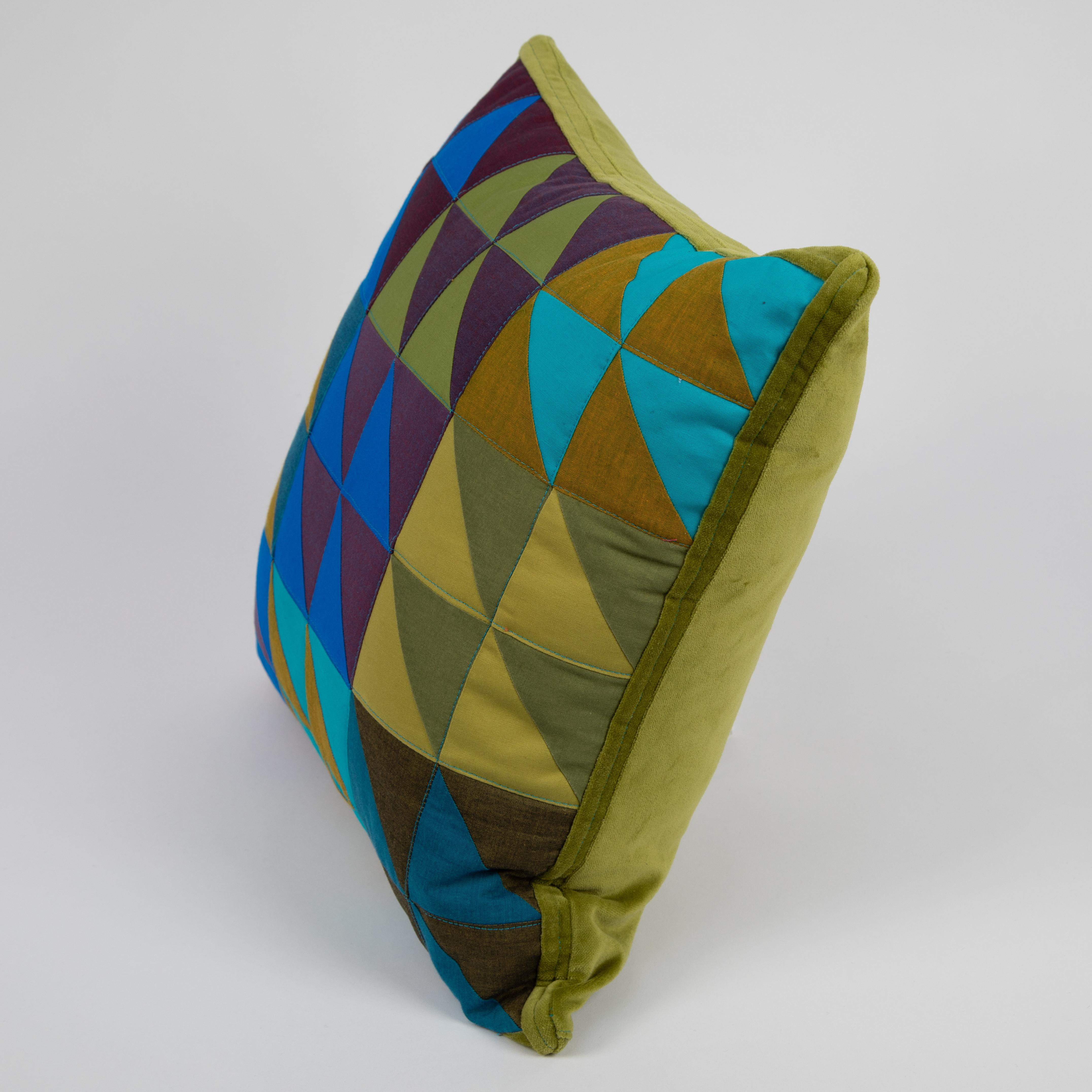 American One-of-a-Kind Square Quilted Pillow in Green, Blue and Lavender Cotton For Sale