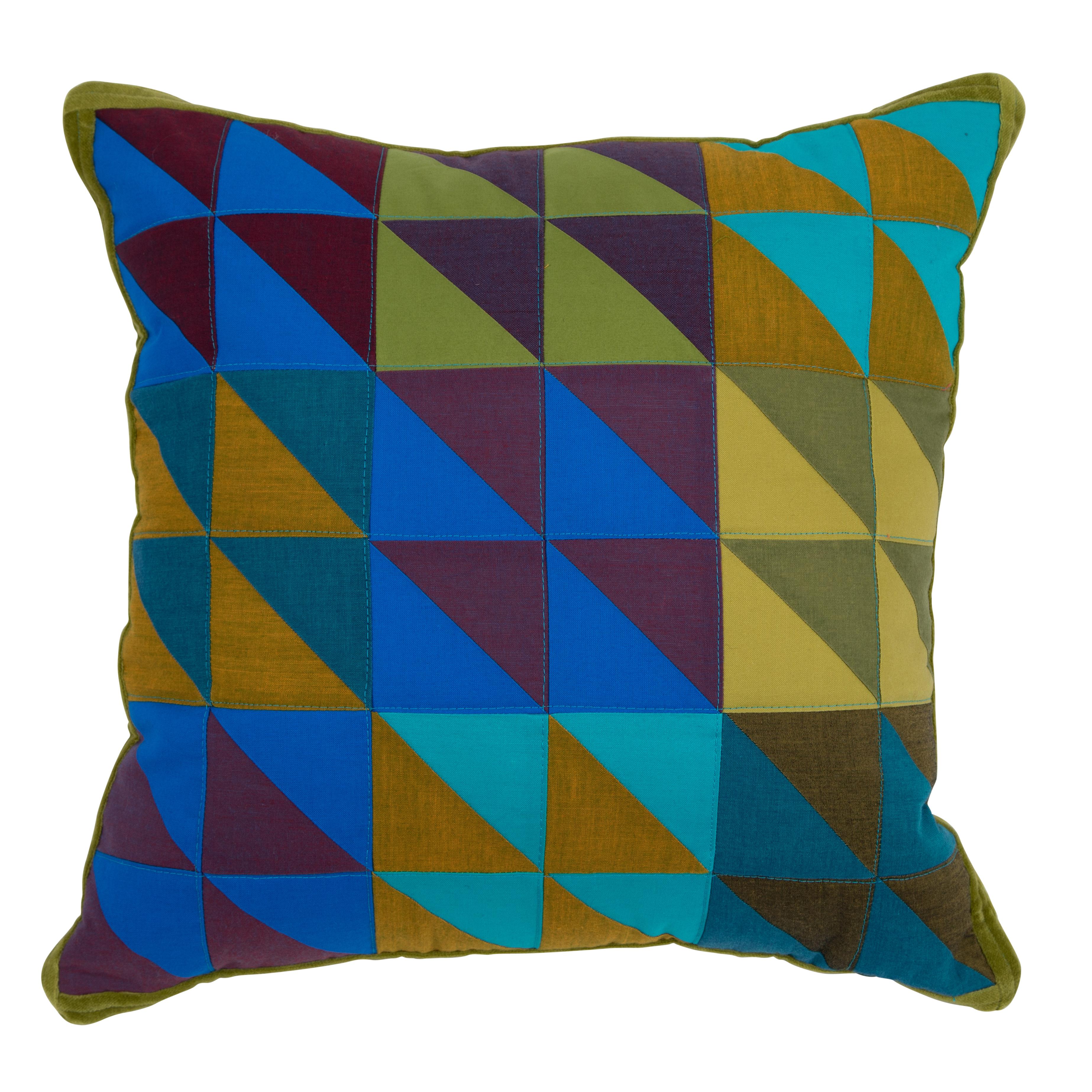 One-of-a-Kind Square Quilted Pillow in Green, Blue and Lavender Cotton For Sale