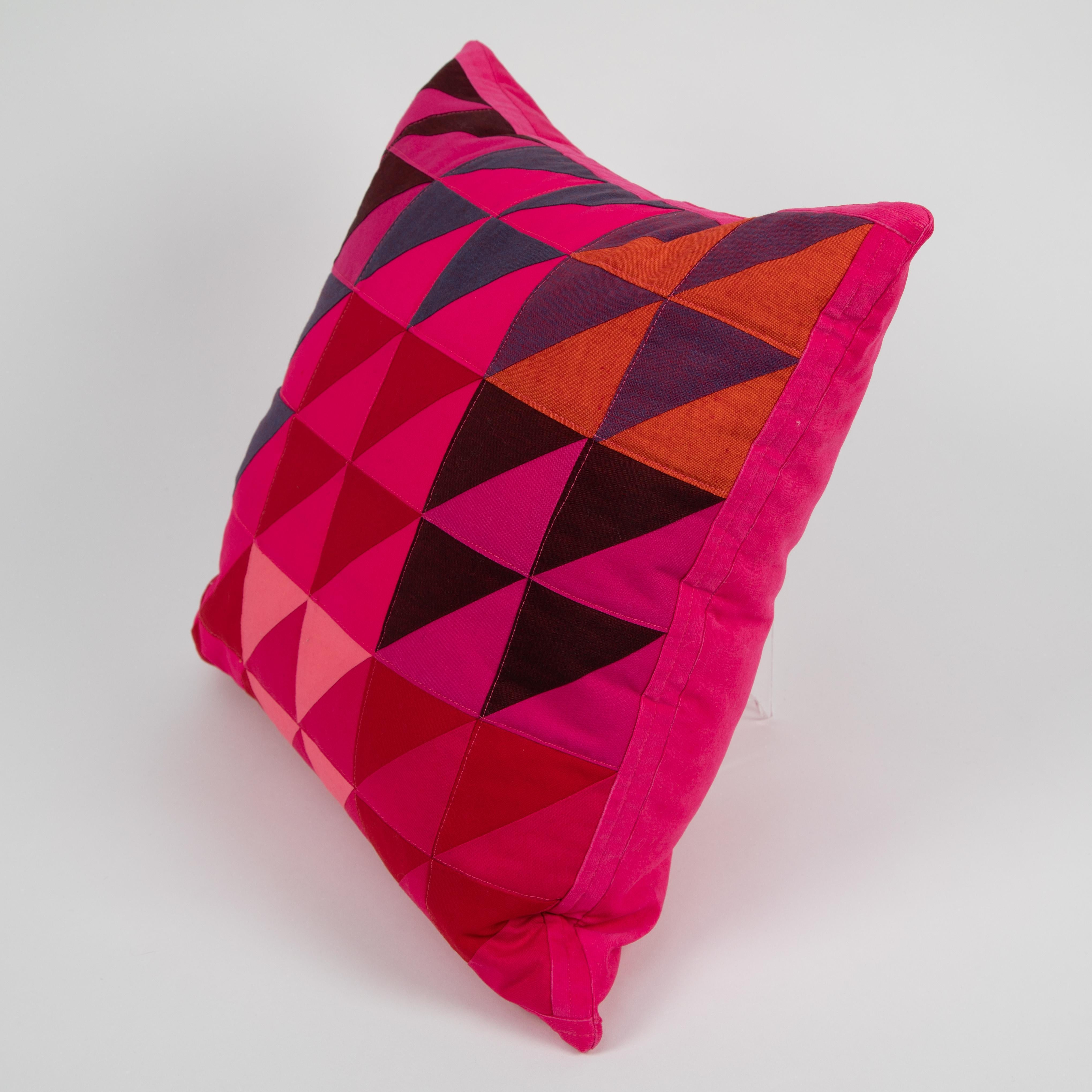 American One-of-a-Kind Square Quilted Pillow in Pink, Red, Blue, Orange and Brown Cotton For Sale