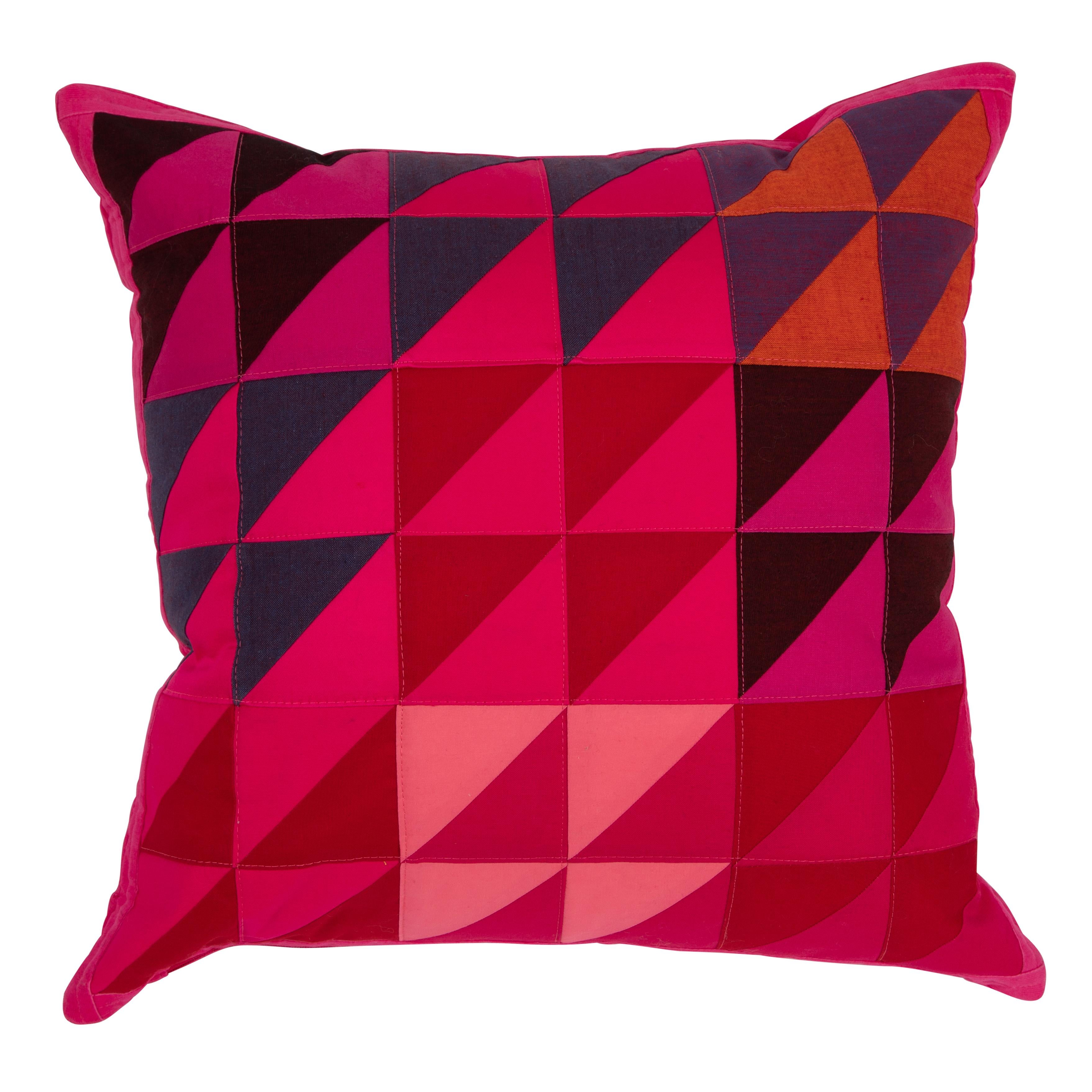 One-of-a-Kind Square Quilted Pillow in Pink, Red, Blue, Orange and Brown Cotton For Sale