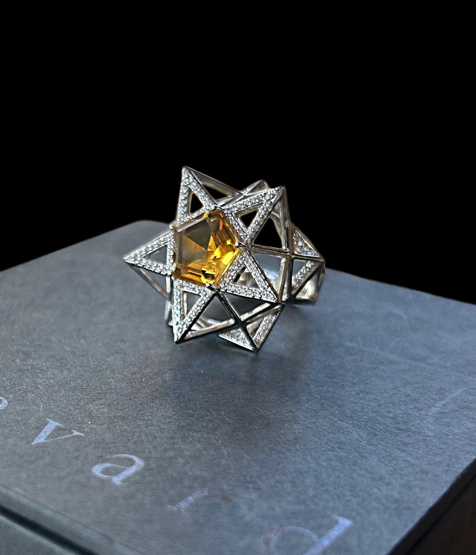 ''One of a Kind Star Diamond and Citrine 18K White Gold Ring – Sacred Geometry Inspired Luxury Jewelry'' 

This one-of-a-kind Star Diamond and Citrine ring, crafted in 18K white gold, draws inspiration from sacred geometry, specifically the star