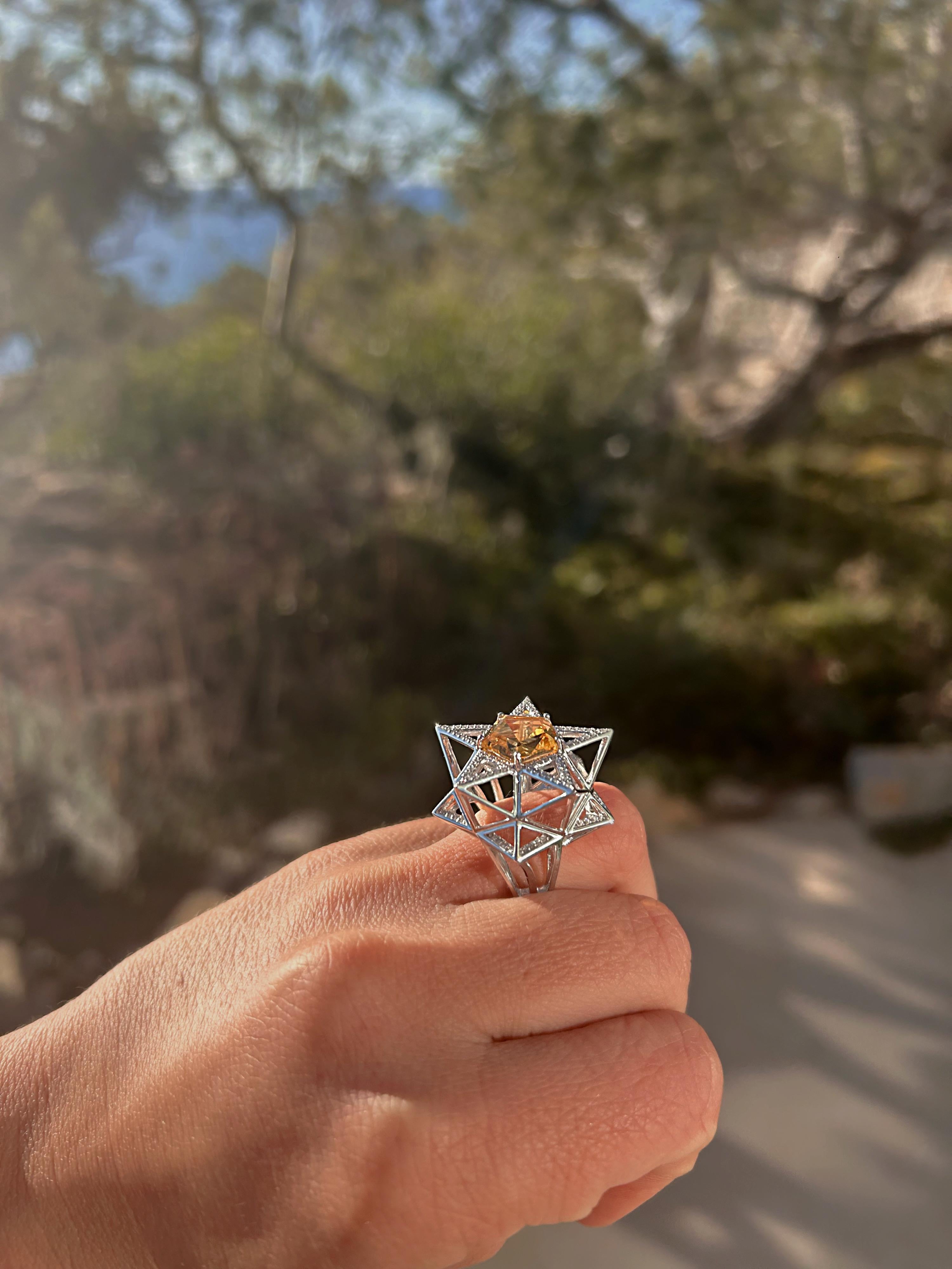 One of a Kind Star Diamond and Citrine 18K White Gold Ring – Sacred Geometry In New Condition For Sale In Coral Gables, FL