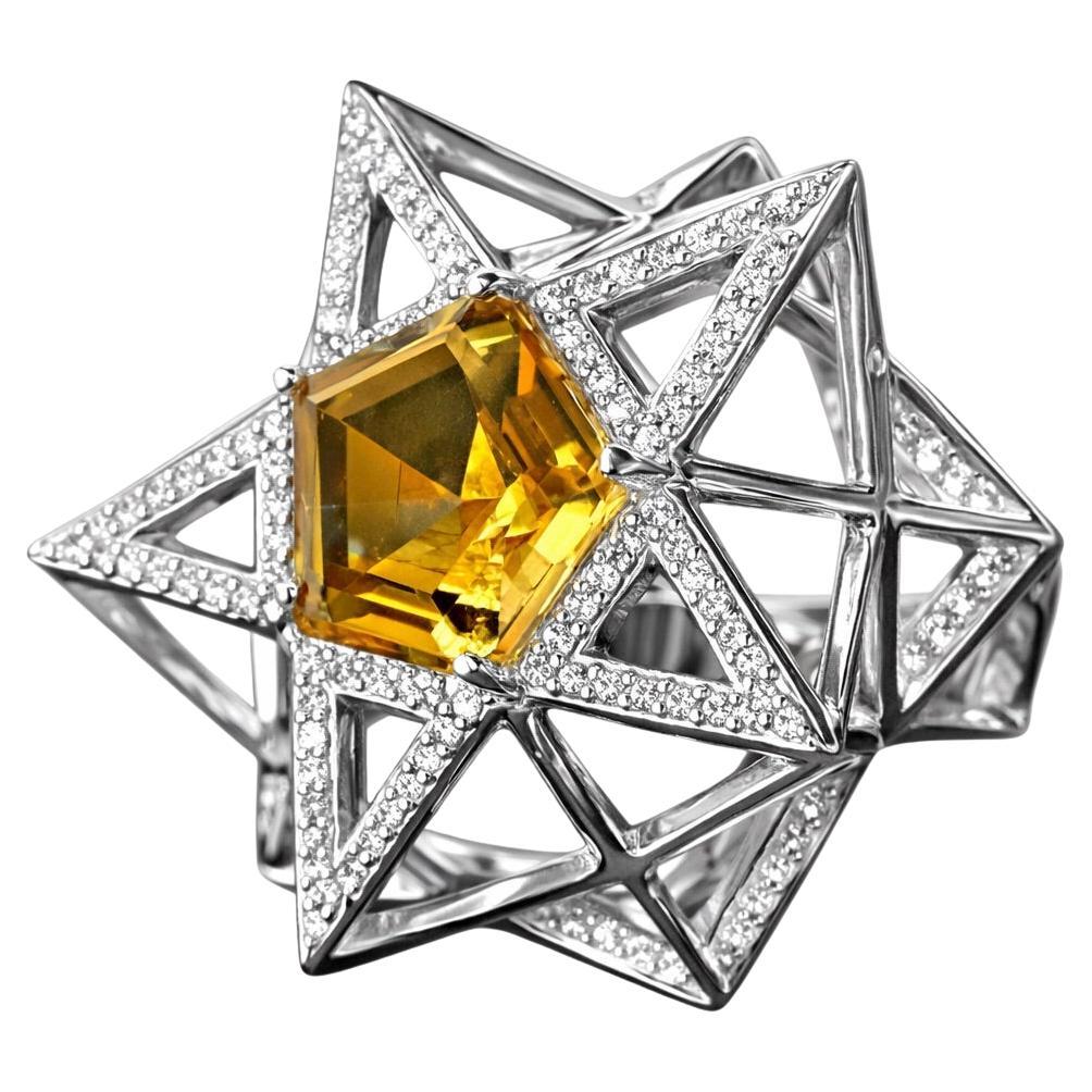 One of a Kind Star Diamond and Citrine 18K White Gold Ring – Sacred Geometry For Sale