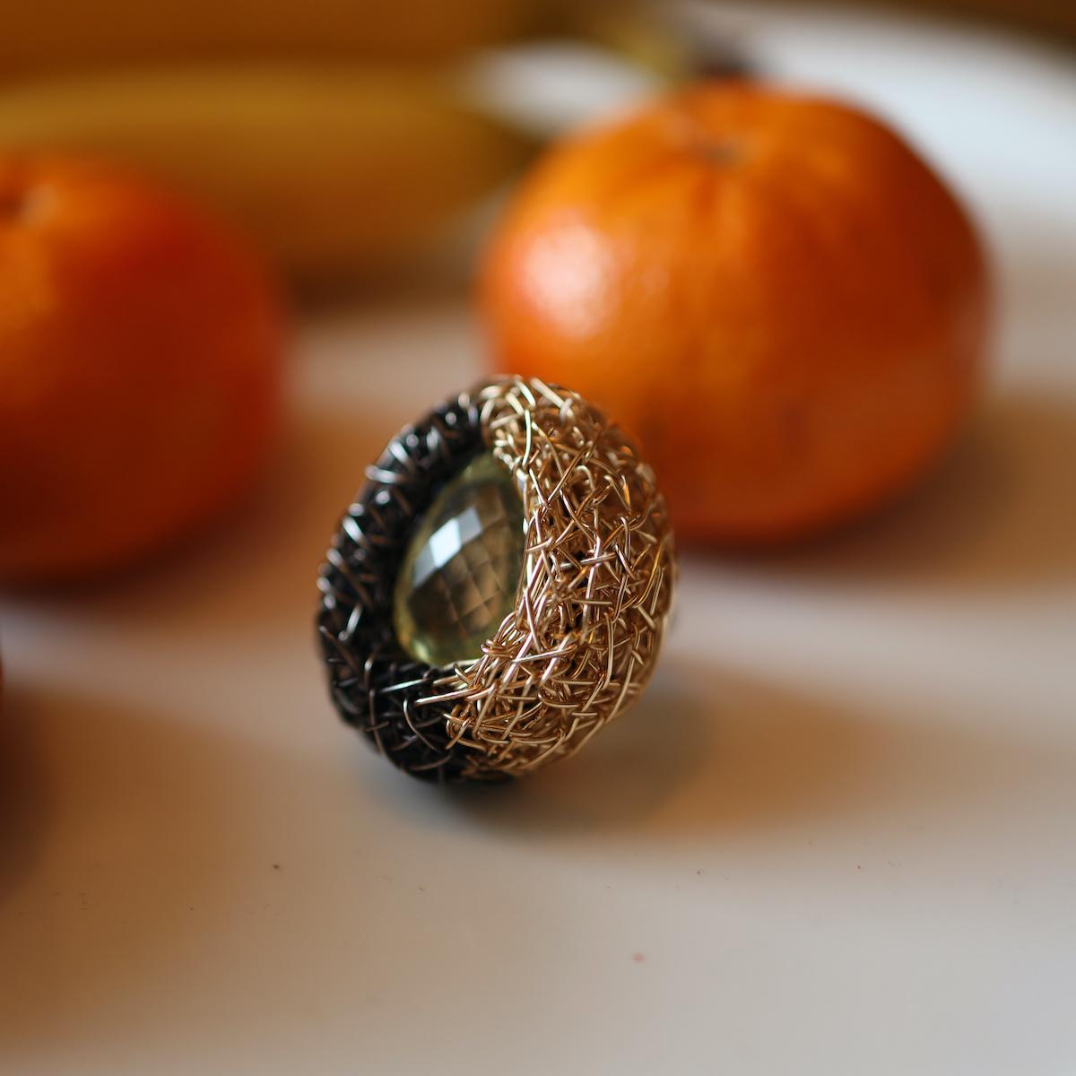 Contemporary One-of-a-kind Statement Ring 14 K Yellow Gold Blackened Silver F. by the Artist For Sale