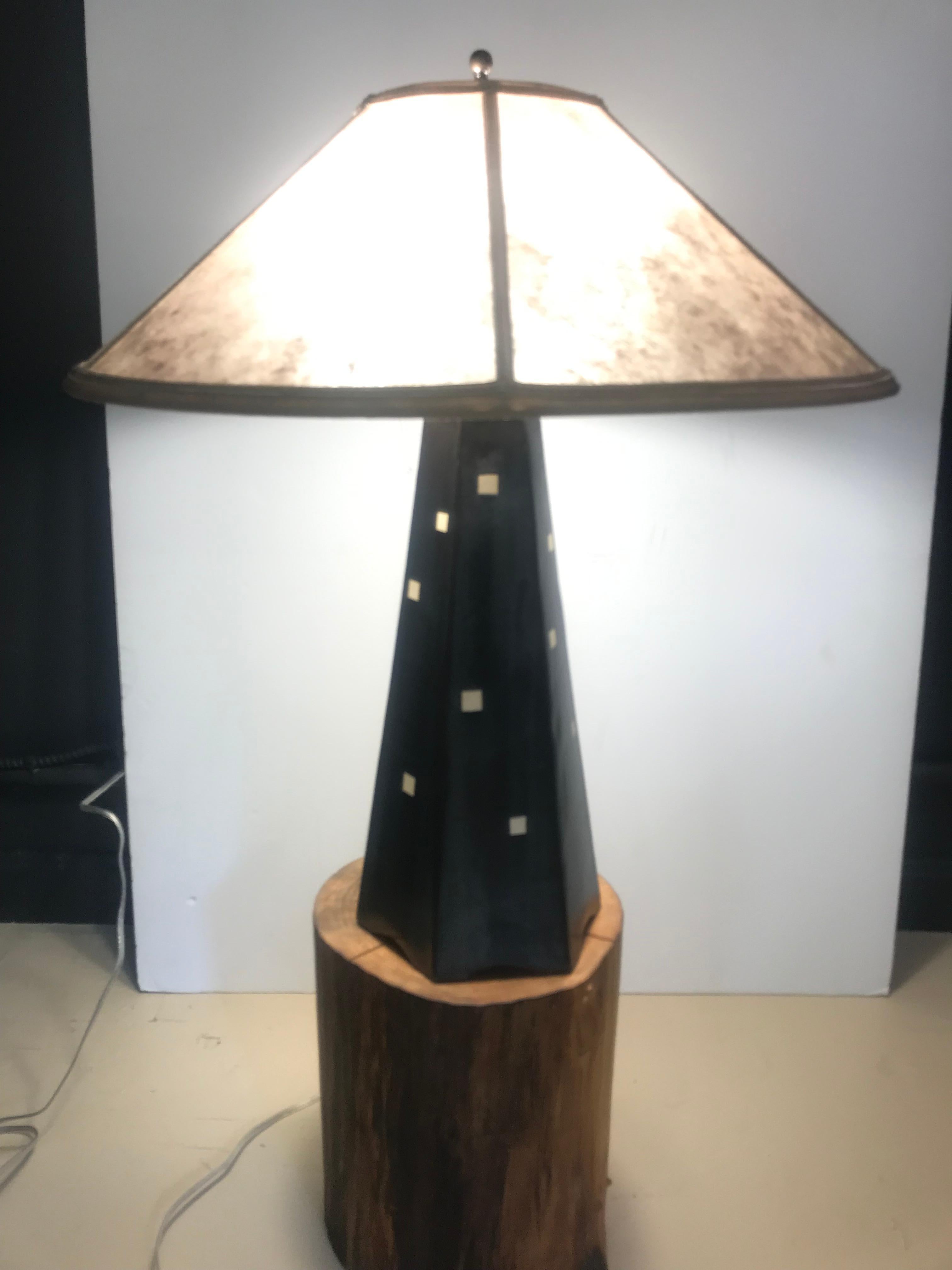 One of a Kind Stoneware Contemporary Black and White Lamp with Silver Mica Shade For Sale 3