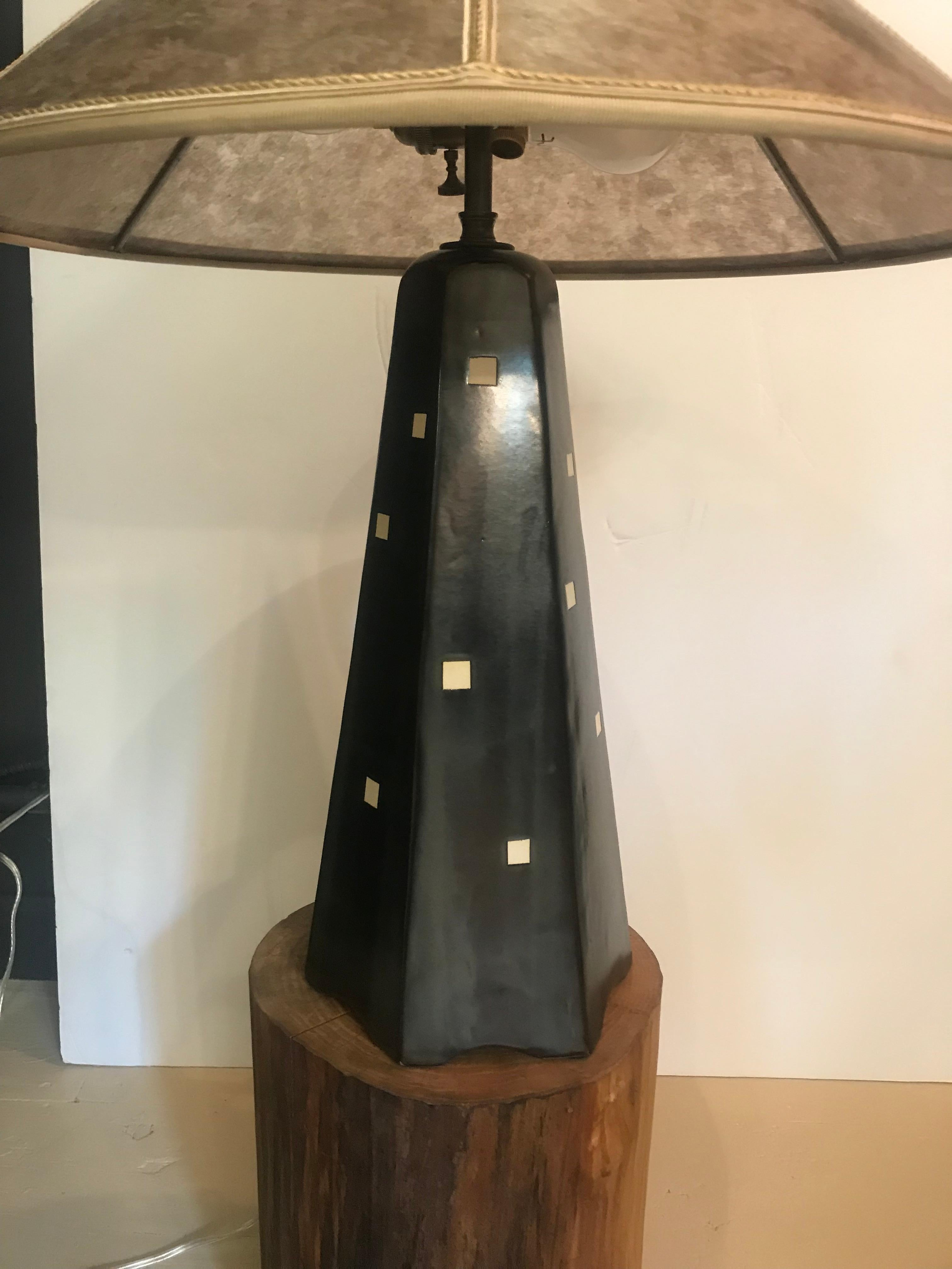 One of a Kind Stoneware Contemporary Black and White Lamp with Silver Mica Shade For Sale 4