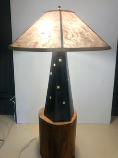 One of a Kind Stoneware Contemporary Black and White Lamp with Silver Mica Shade