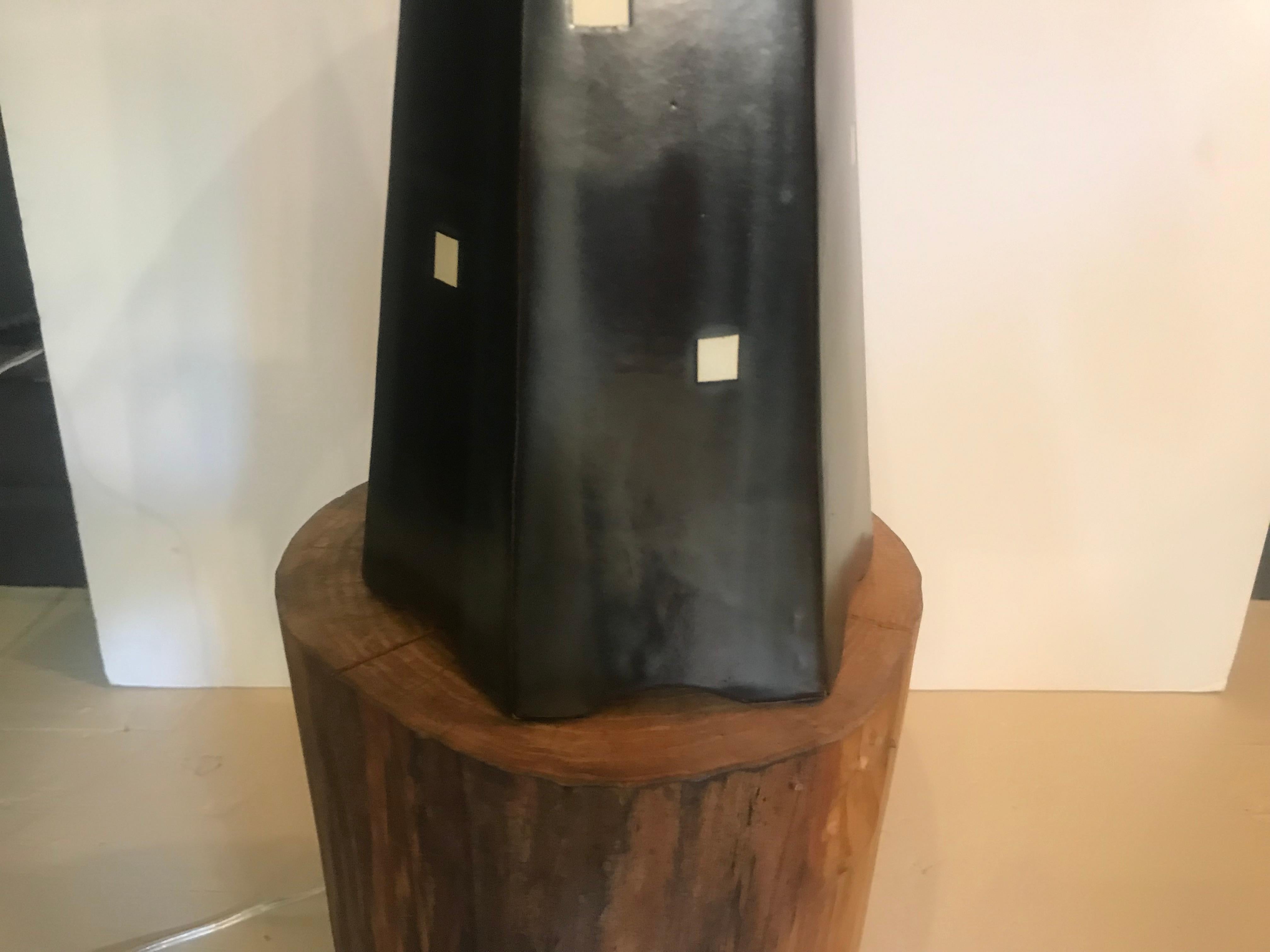 One of a Kind Stoneware Contemporary Black and White Lamp with Silver Mica Shade In Excellent Condition For Sale In Hopewell, NJ