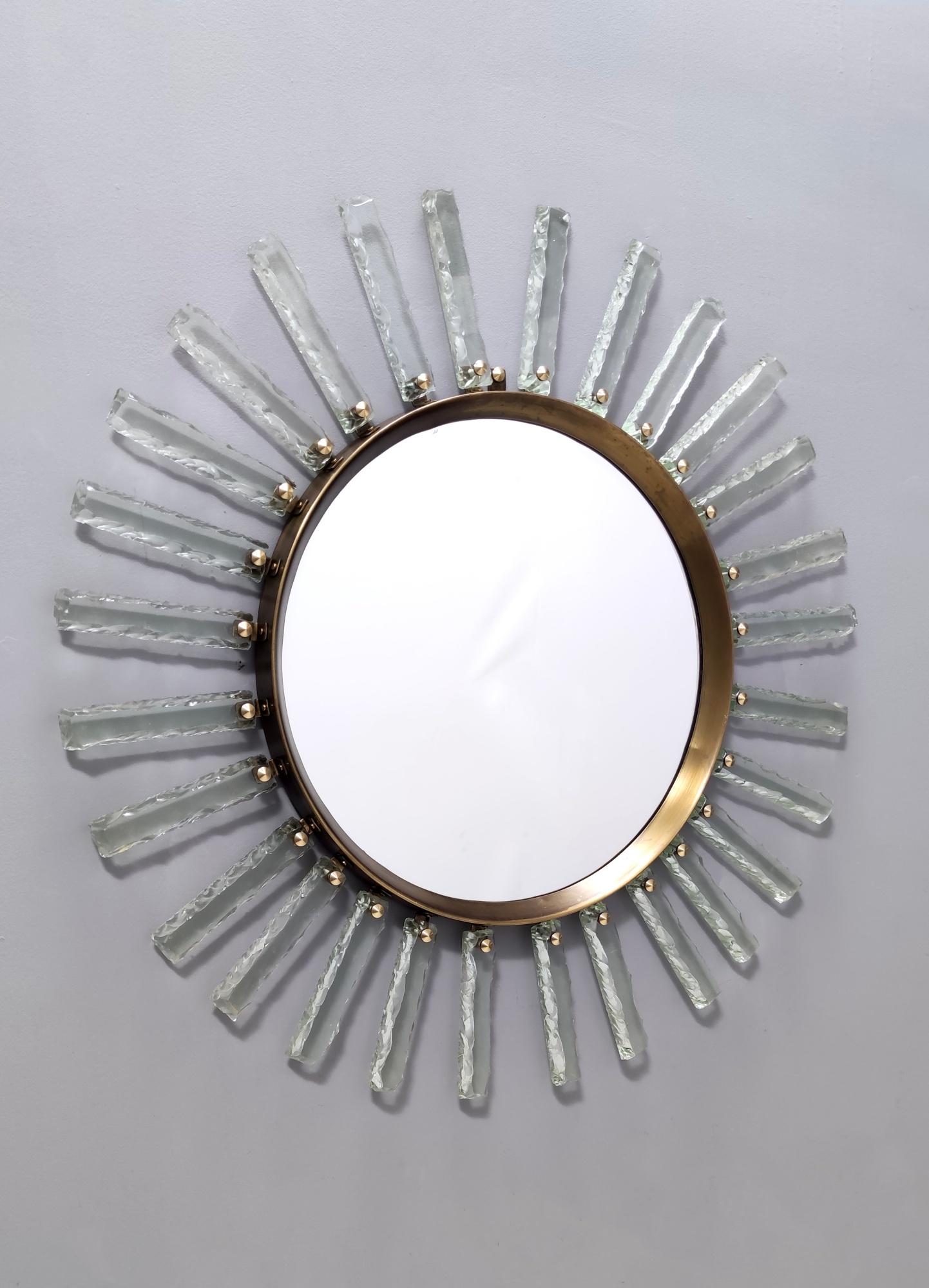 Italian One-of-a-Kind Sun Shaped Hammered Glass and Brass Wall Mirror by Enzio Wenk For Sale