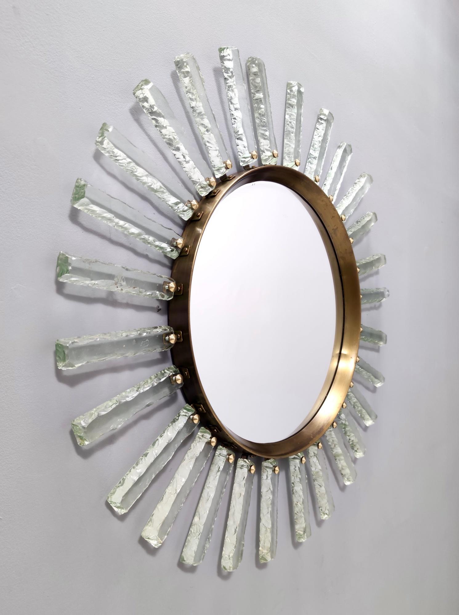 Contemporary One-of-a-Kind Sun Shaped Hammered Glass and Brass Wall Mirror by Enzio Wenk For Sale
