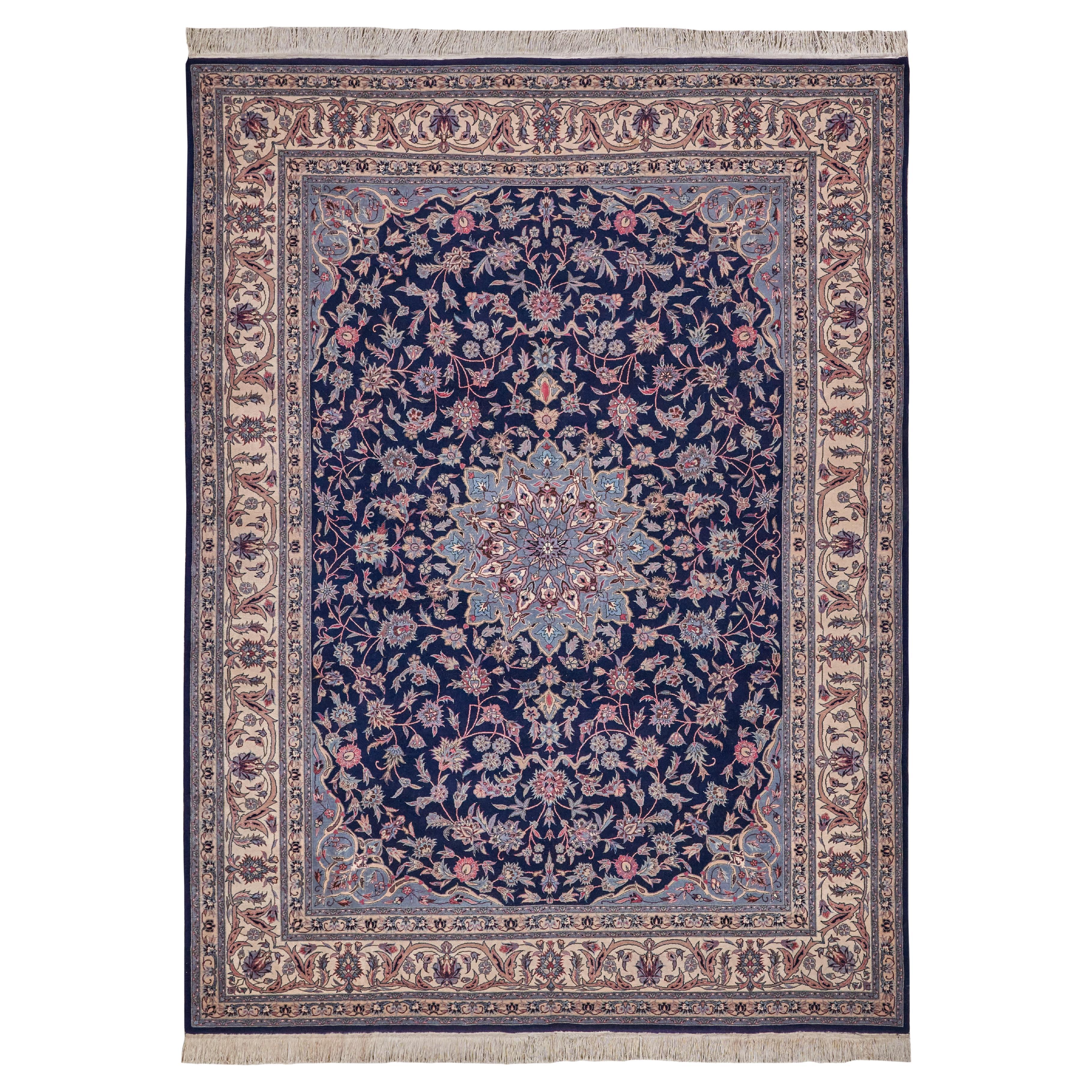 ONE-OF-A-KIND Super Fine Isfahan Hand Knotted Navy/Beige Rug - 8'3"x11'2"