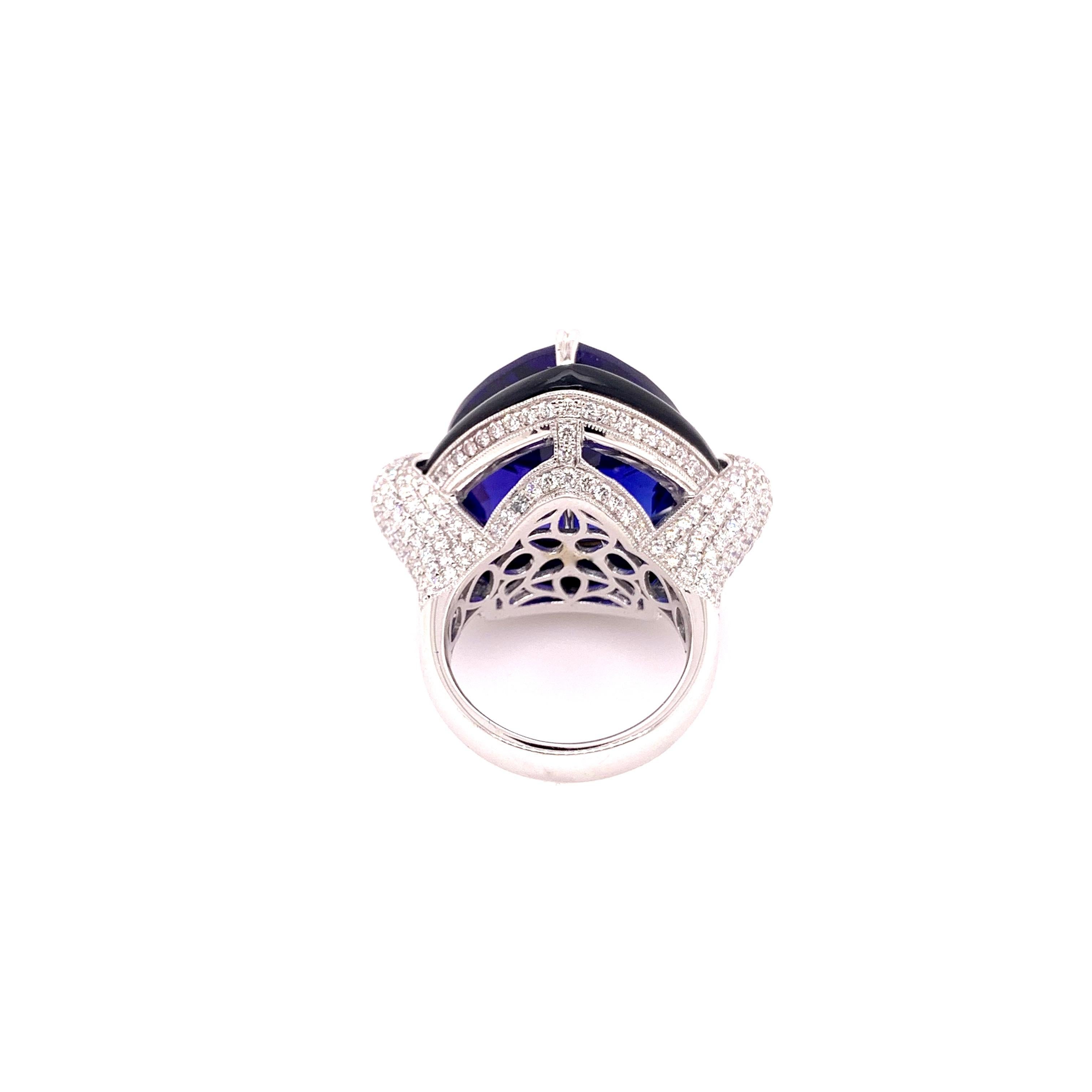 Art Deco One of a Kind Tanzanite Onyx Diamond Cocktail Ring For Sale