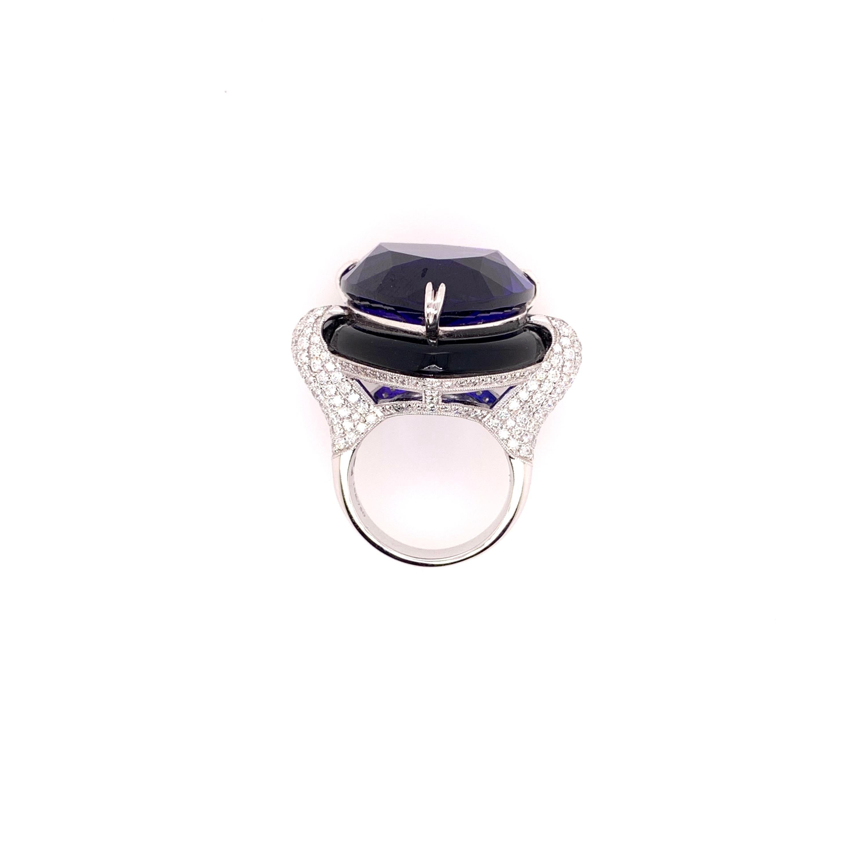 Trillion Cut One of a Kind Tanzanite Onyx Diamond Cocktail Ring For Sale