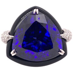 Bague cocktail unique en son genre en tanzanite, onyx et diamants