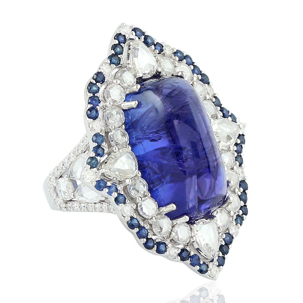 Modern One of a Kind Tanzanite, Sapphire and Diamond Ring in 18 Karat White Gold