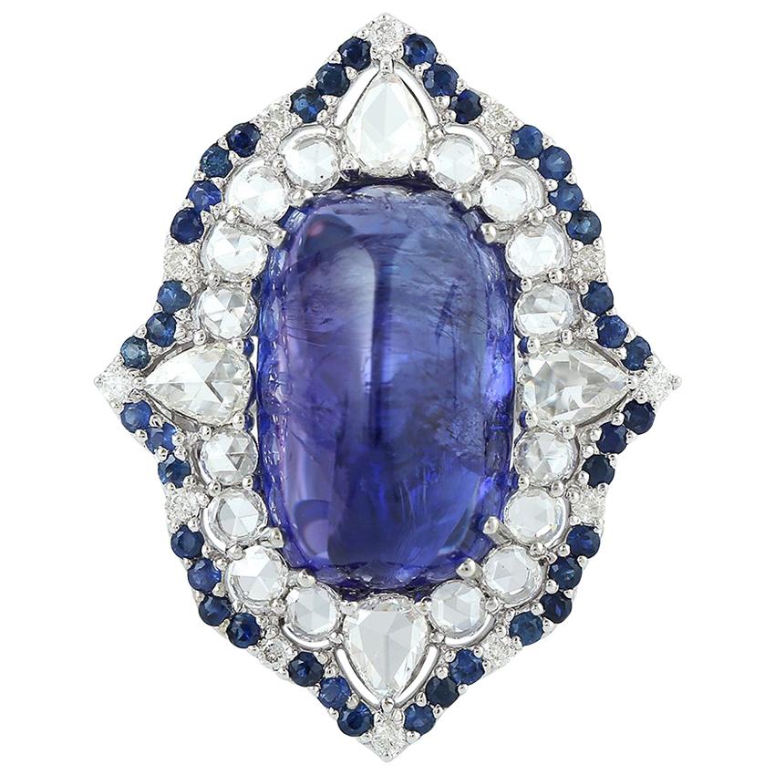 One of a Kind Tanzanite, Sapphire and Diamond Ring in 18 Karat White Gold