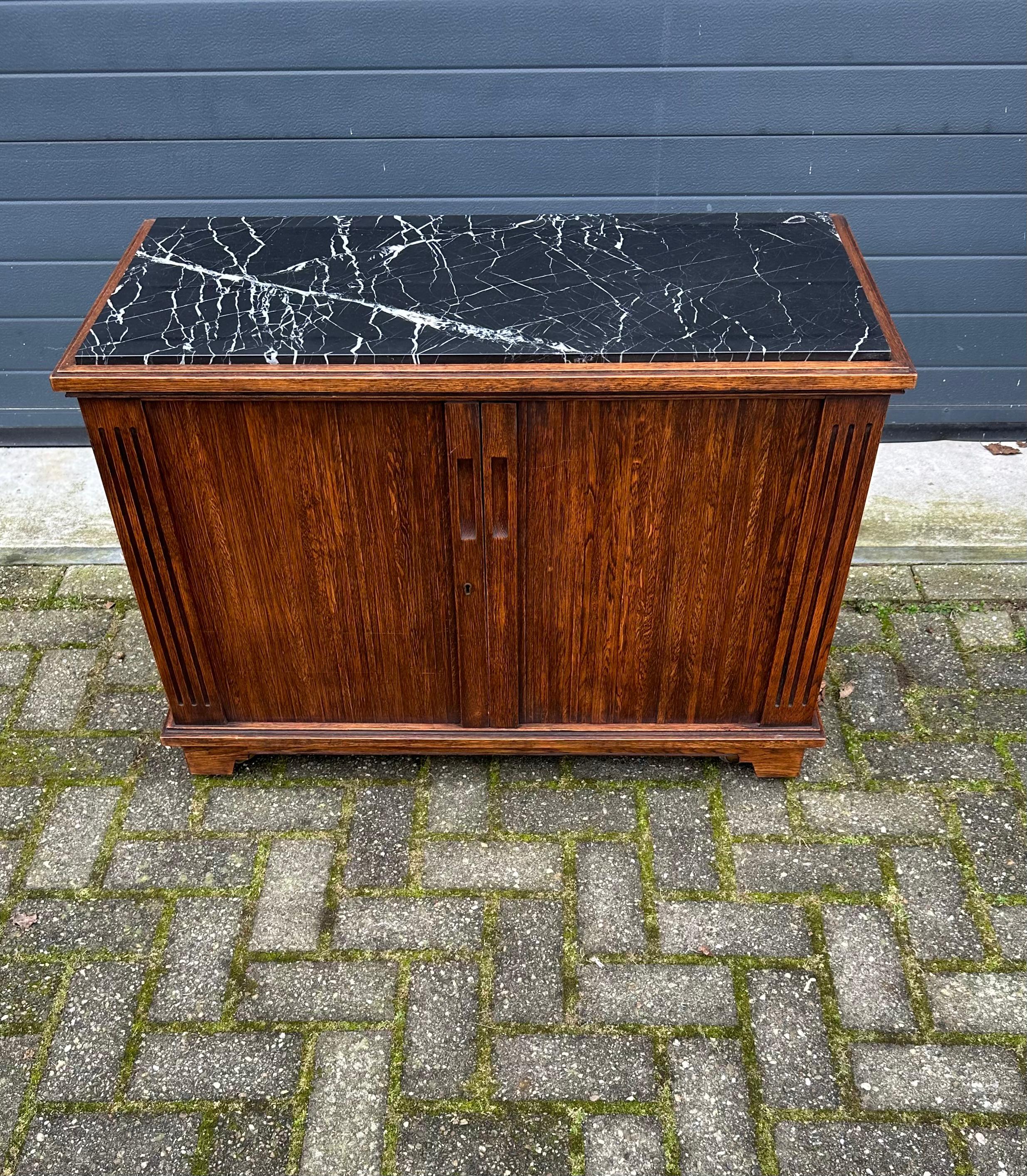 Mid-Century Modern One of a Kind Tiger Oak Cabinet w. Roller Shutter Doors and Stunning Marble Top For Sale