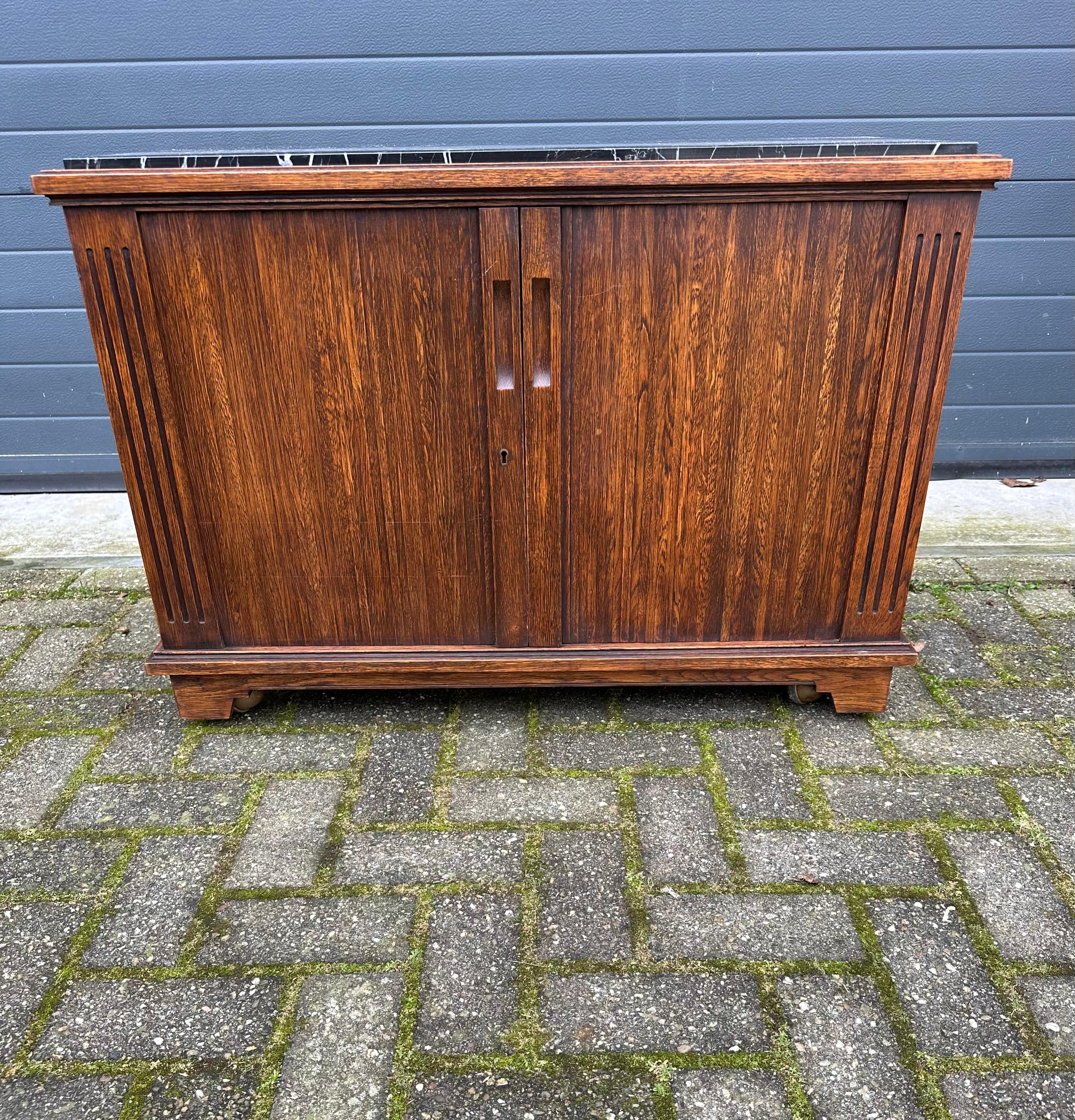 European One of a Kind Tiger Oak Cabinet w. Roller Shutter Doors and Stunning Marble Top For Sale