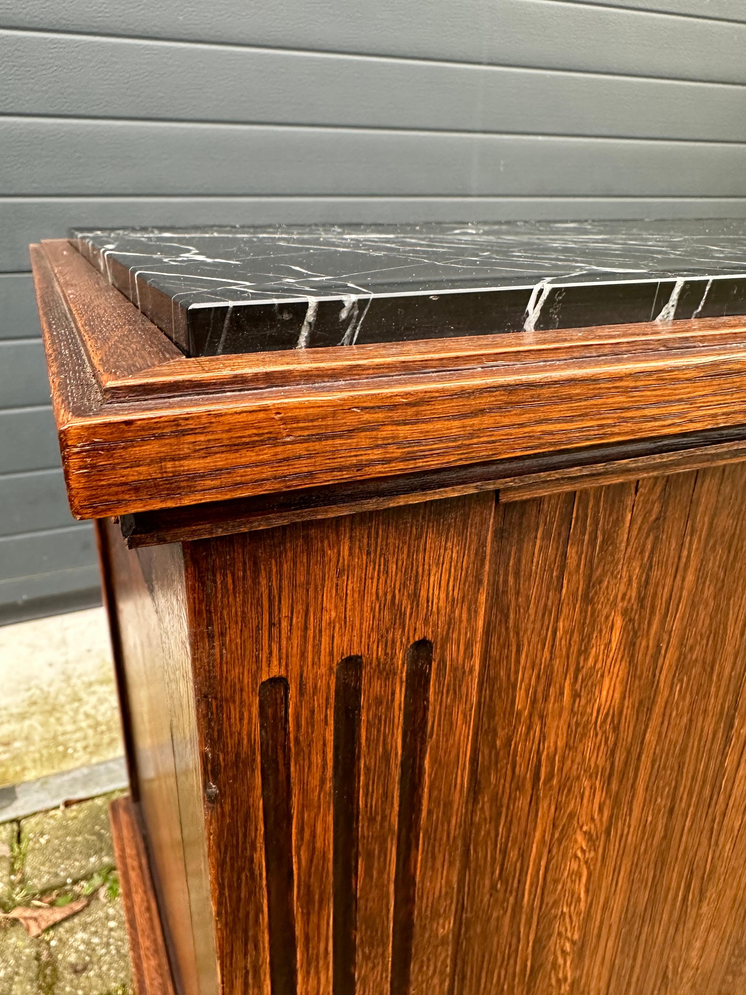 One of a Kind Tiger Oak Cabinet w. Roller Shutter Doors and Stunning Marble Top In Excellent Condition For Sale In Lisse, NL