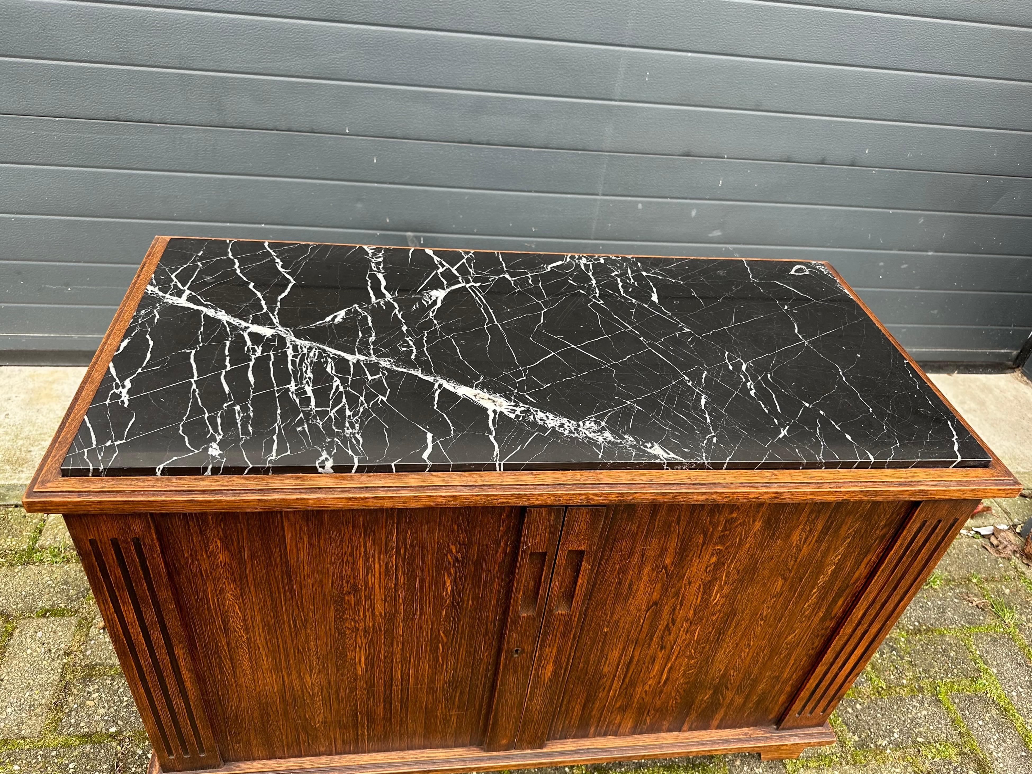 20th Century One of a Kind Tiger Oak Cabinet w. Roller Shutter Doors and Stunning Marble Top For Sale