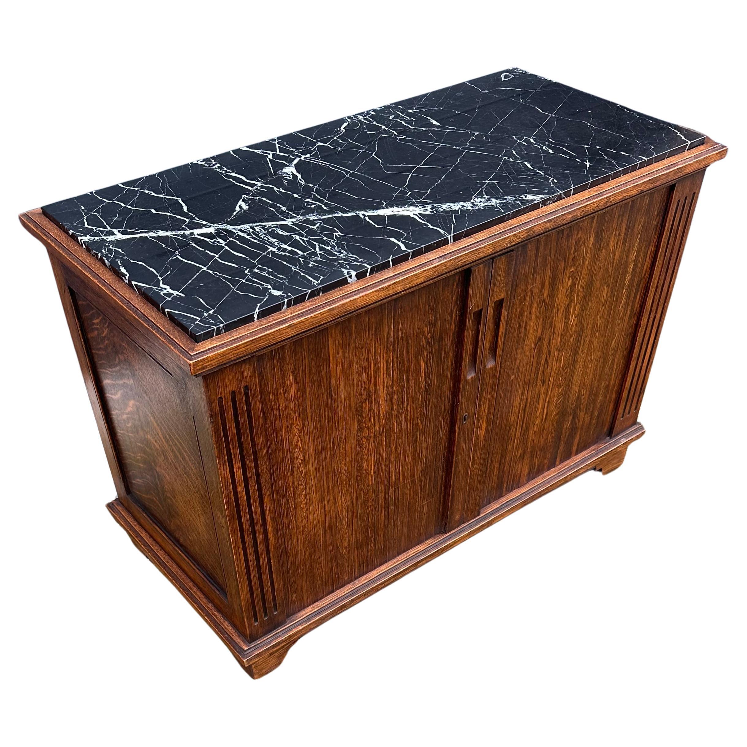 One of a Kind Tiger Oak Cabinet w. Roller Shutter Doors and Stunning Marble Top For Sale