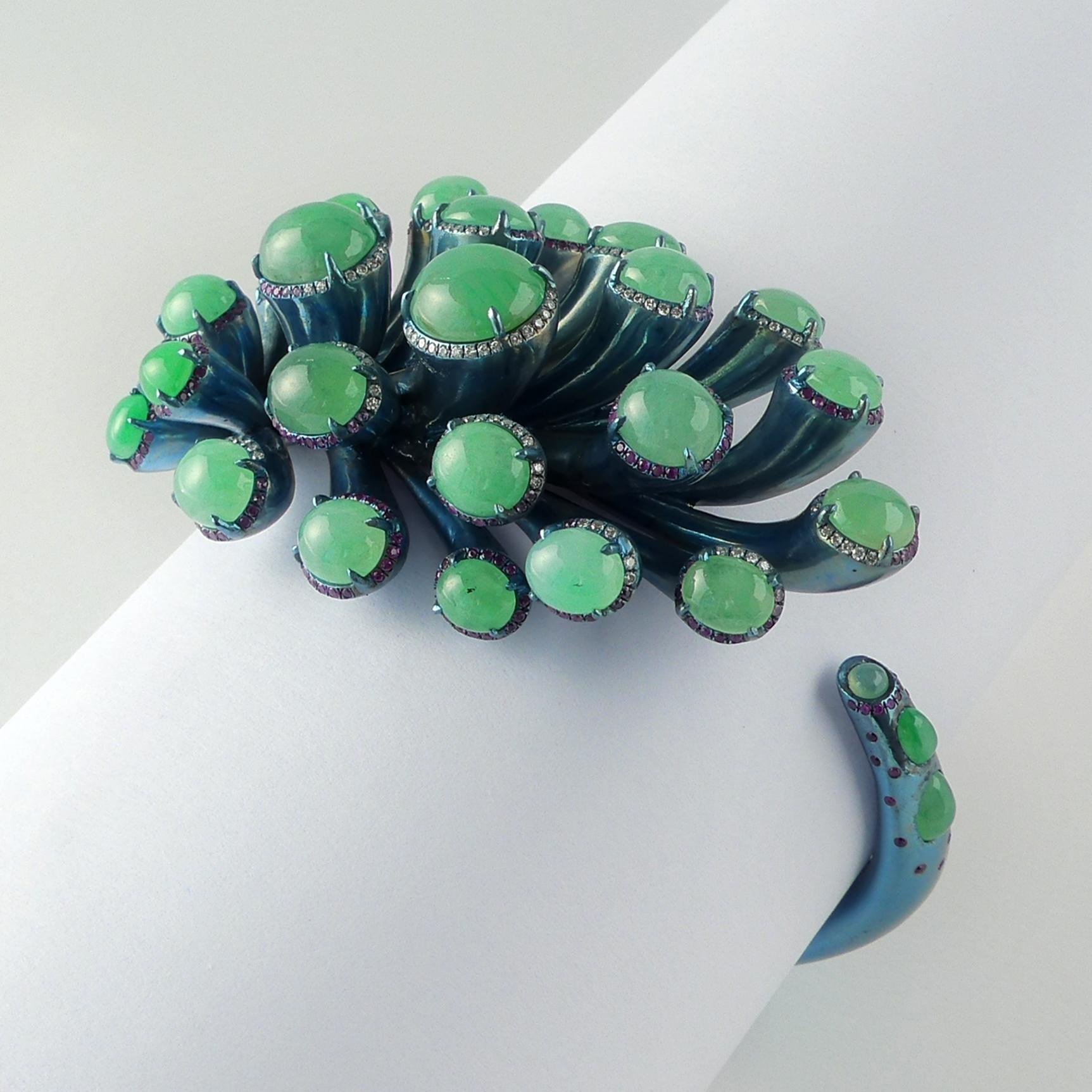 One of a Kind Titanium Emerald Ruby Diamond Bangle 3