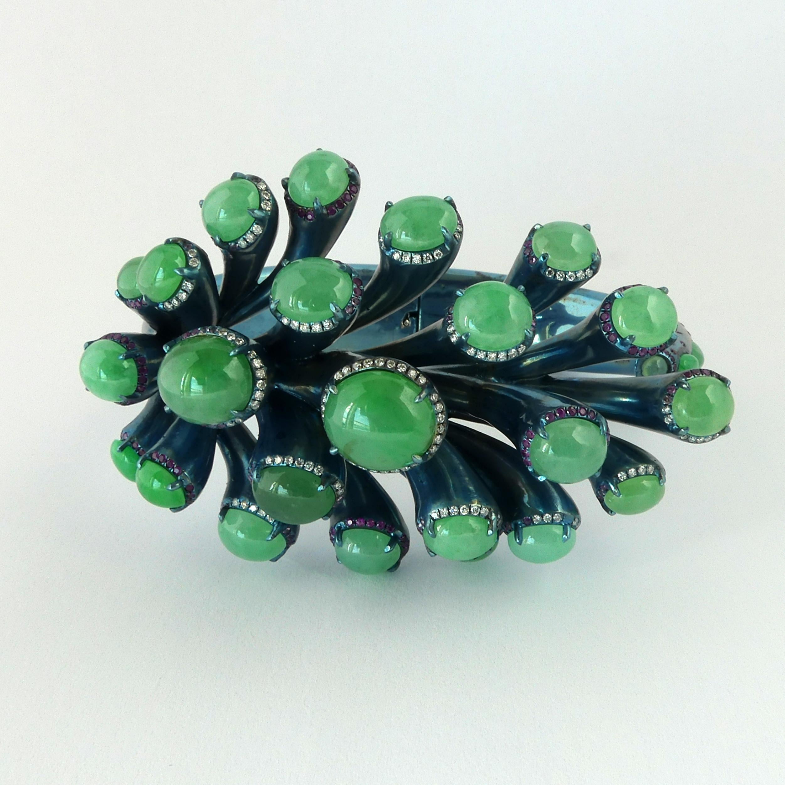 Modern One of a Kind Titanium Emerald Ruby Diamond Bangle